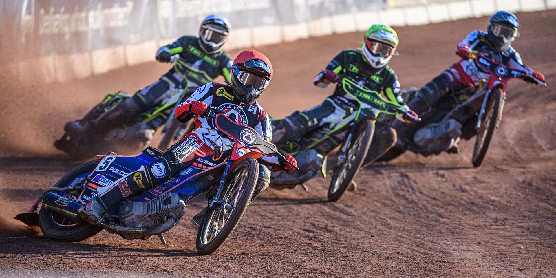 Brady Kurtz (Red) leads Danny King (White) Keynan Rew (Yellow) and Norick Blodorn (Blue) during the Sports Insure Premiership match between Belle Vue Aces and Ipswich Witches at the National Speedway Stadium, Manchester on Monday 5th June 2023. (Photo: Ian Charles | MI News)