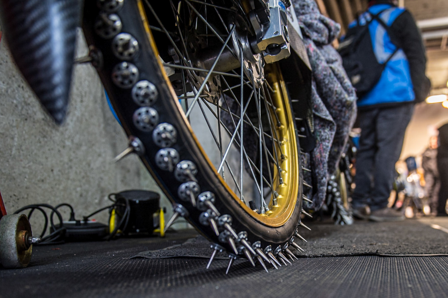 Spikes on a, Ice Speedway Bike wheel during the Ice Speedway Gladiators World Championship Final 2 at Max-Aicher-Arena, Inzell on Sunday 16th March 2025. (Photo: Ian Charles | MI News)