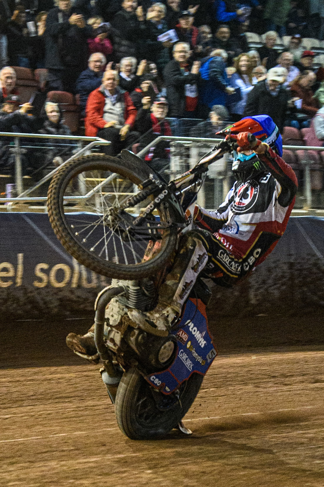 Dan Bewley celebrates with a wheelie during the Sports Insure Premiership match between Belle Vue Aces and Sheffield Tigers at the National Speedway Stadium, Manchester on Monday 7th August 2023. (Photo: Ian Charles | MI News)