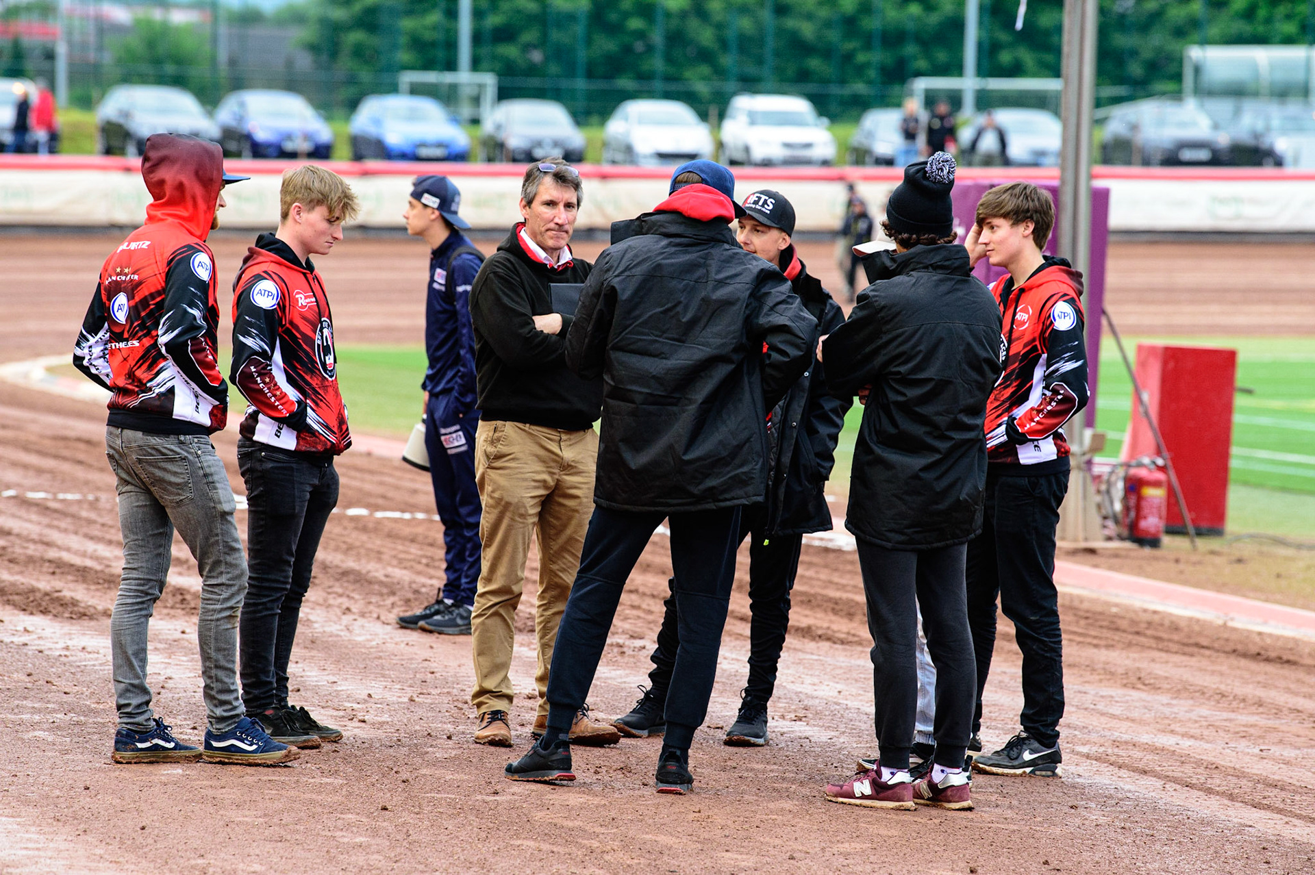 MANCHESTER, UK. JUN 6TH  Belle Vue ATPI Aces on their pre meeting track walk during the SGB Premiership match between Belle Vue Aces and Ipswich Witches at the National Speedway Stadium, Manchester on Monday 6th June 2022. (Credit: Ian Charles | MI News)