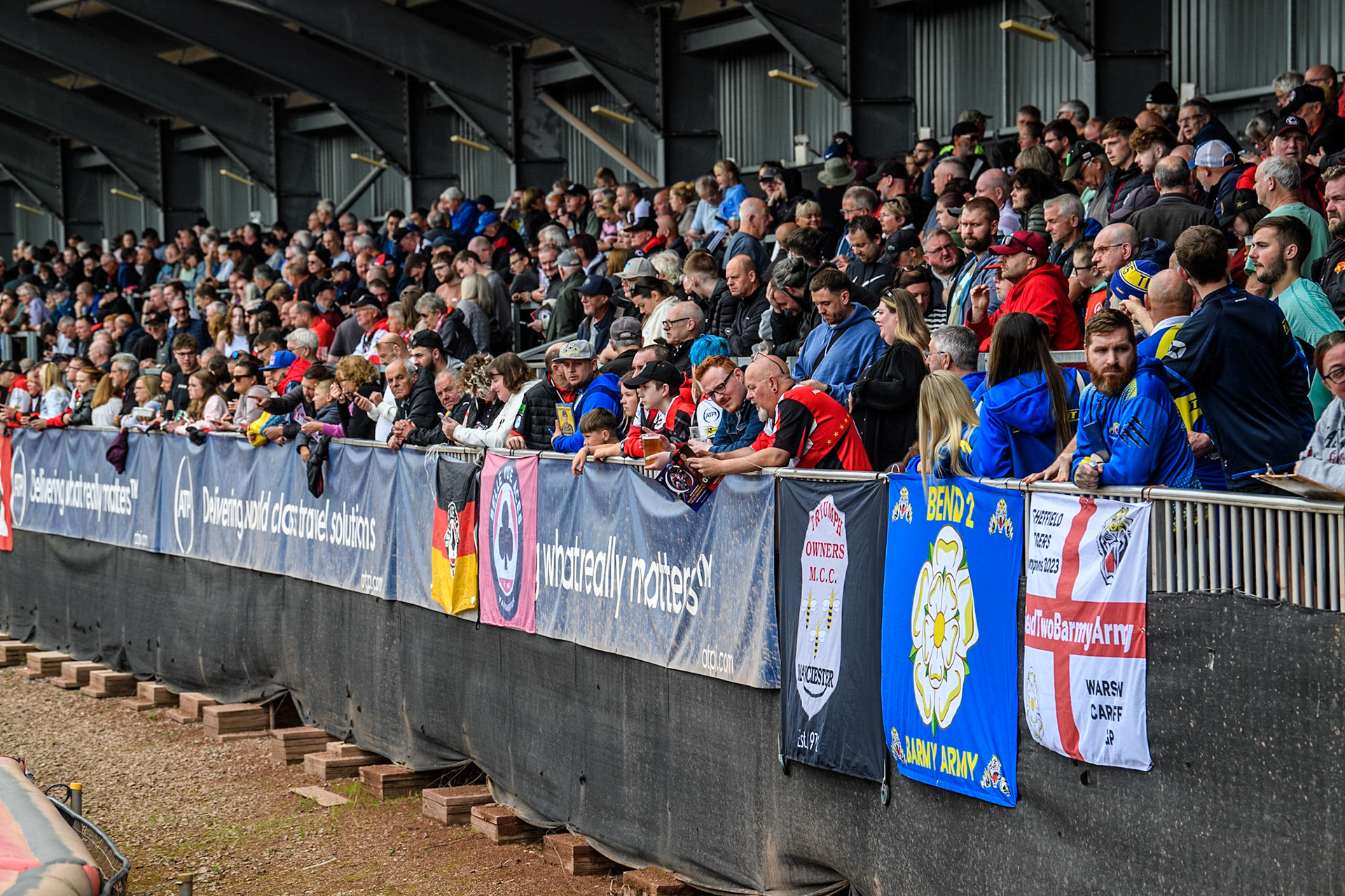 A big crowd on the back straight for the War Of The Roses clash between the Aces and the Tigers during the Rowe Motor Oil Premiership match between Belle Vue Aces and Sheffield Tigers at the National Speedway Stadium, Manchester on Monday 26th August 2024. (Photo: Ian Charles | MI News)