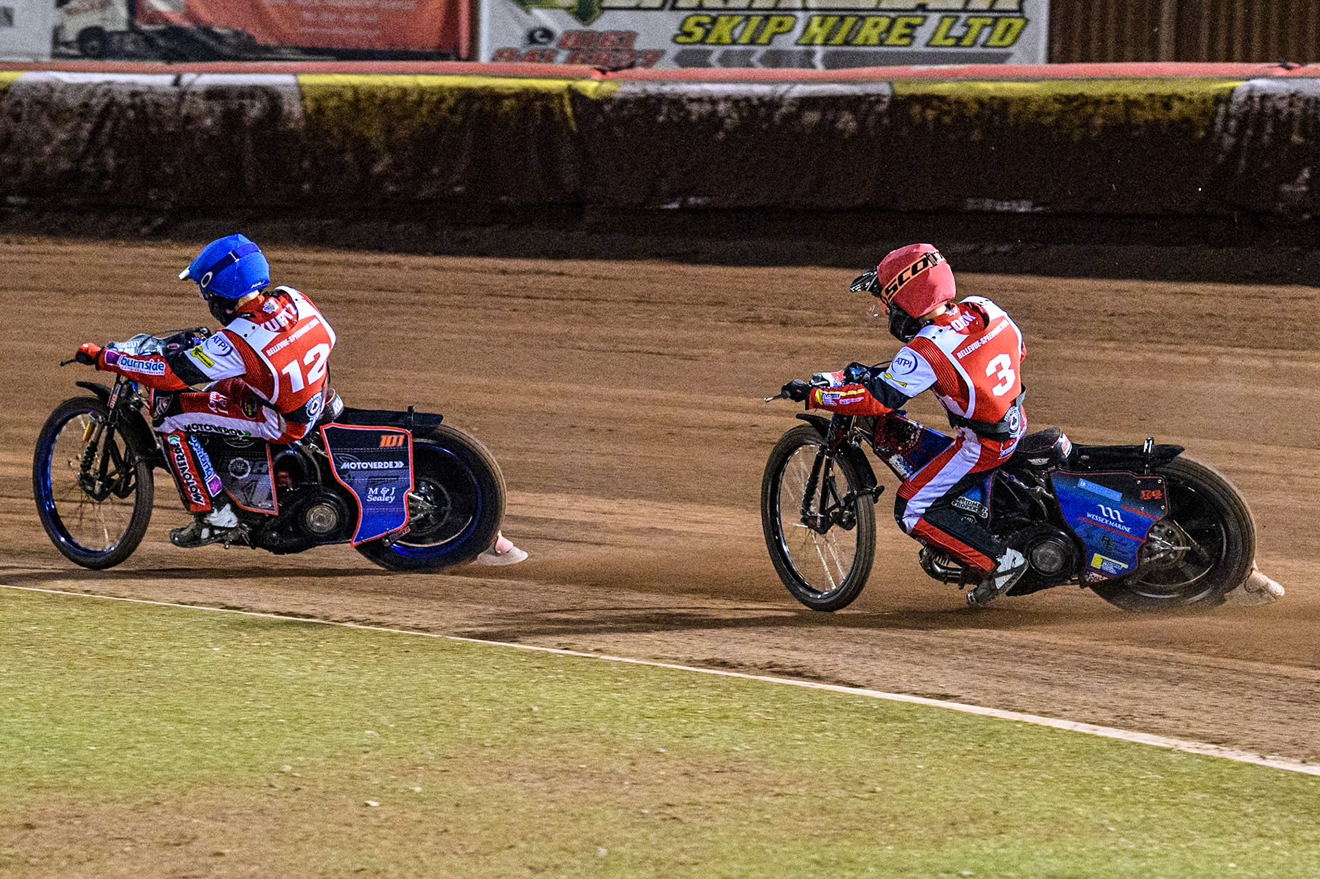 Australia's Ben Cook (Red) chases Australia's Brady Kurtz (Blue) during the Peter Craven Memorial Trophy meeting at the National Speedway Stadium, Manchester on Monday 18th March 2024. (Photo: Ian Charles | MI News)