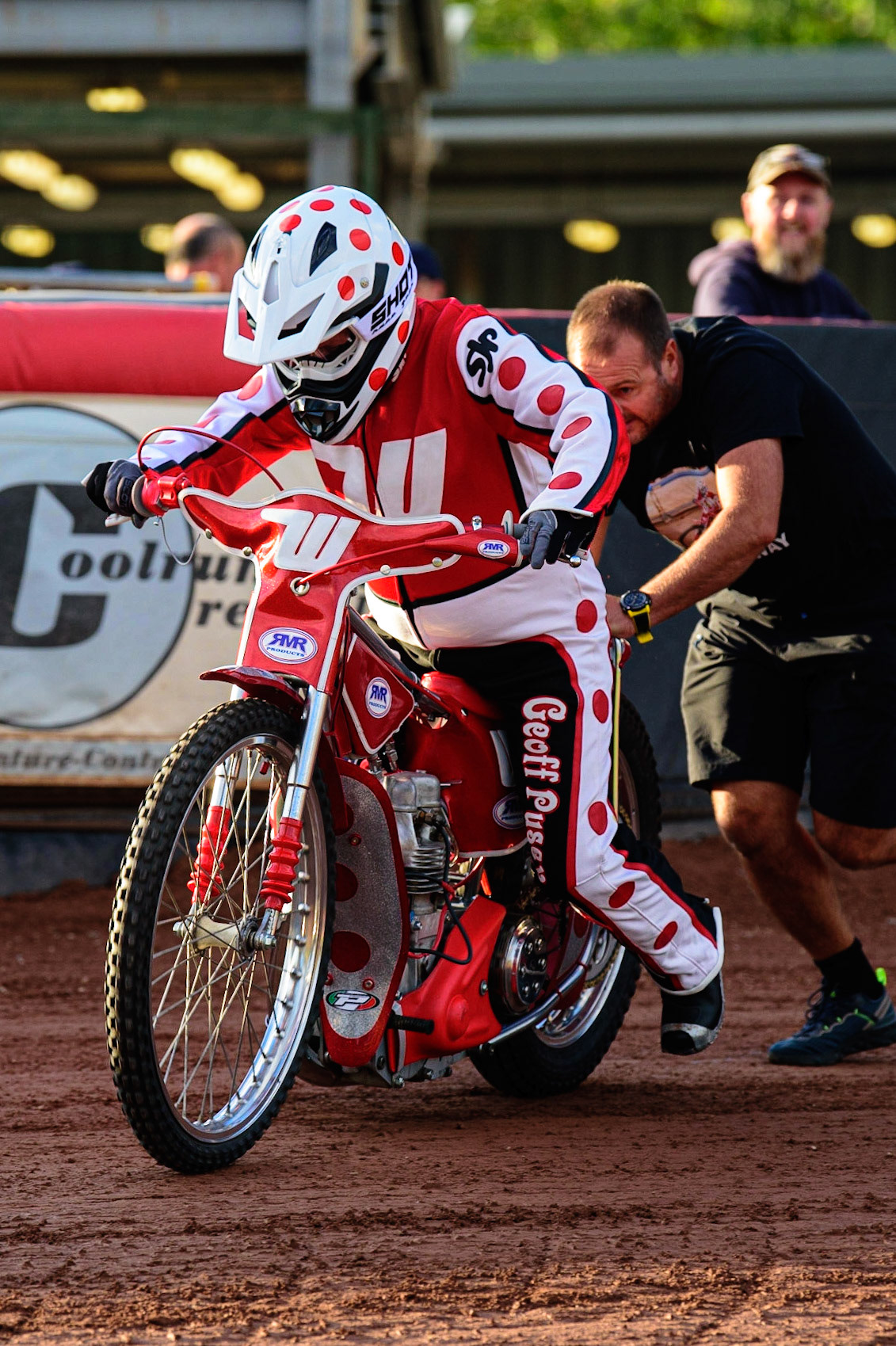 Geoff Pusey starts his restored bike to do some demonstration laps during the National Development League match between Belle Vue Aces and Leicester Lions at the National Speedway Stadium, Manchester on Friday 19th August 2022. (Credit: Ian Charles | MI News)