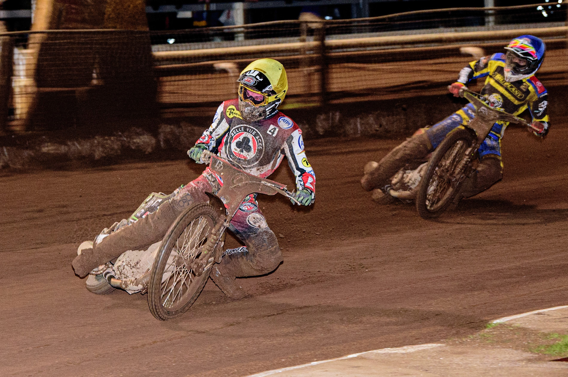 Charles Wright  (Yellow) leads David Bellego  (Blue) during the Sheffield Tigers vs Belle Vue Aces meeting in the SGP Premiership at Owlerton Stadium, Sheffield on Thursday 23rd March 2023. (Photo: Ian Charles | MI News)