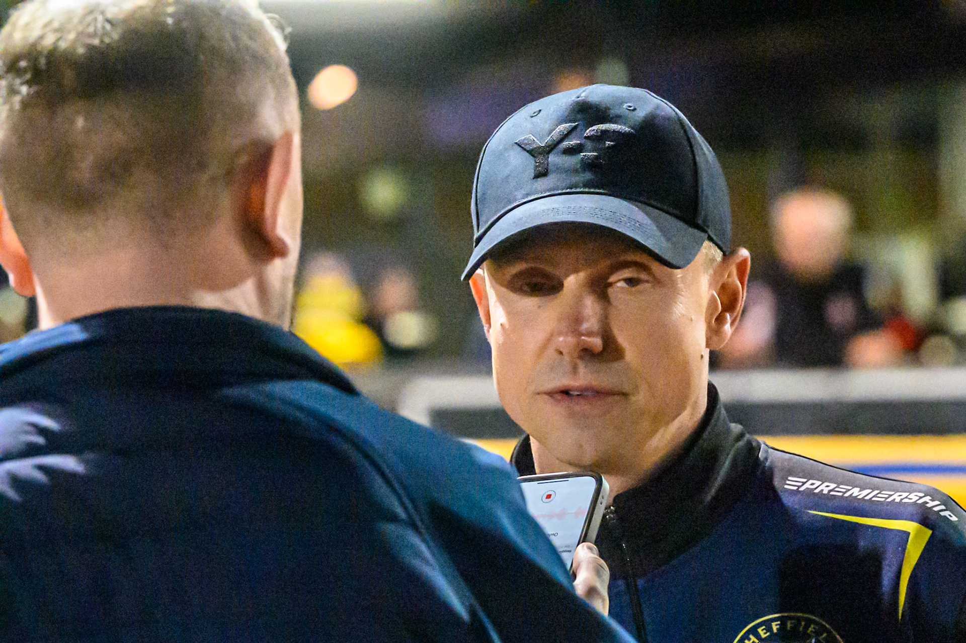 Simon Stead, Team Manager of Sheffield Tigers is interviewed by Sheffield Presenter Ryan Guest during the Rowe Motor Oil Premiership Grand Final 1st Leg match between Sheffield Tigers and Belle Vue Aces at Owlerton Stadium, Sheffield on Monday 12th October 2026. (Photo: Ian Charles | MI News)