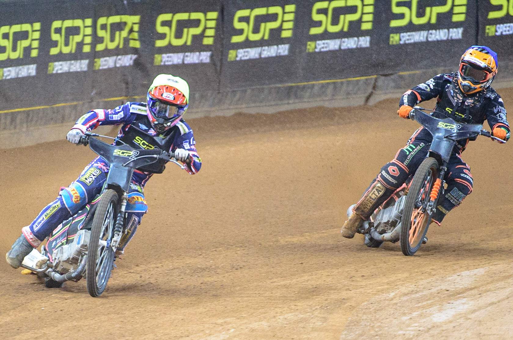 Leon Flint (Great Britain)  (Yellow)  ahead of Kevin Juhl Pedersen (Denmark) (Blue) during the FIM  Speedway Grand Prix  2 of Great Britain at the Principality Stadium, Cardiff on Sunday 14th August 2022. (Credit: Ian Charles | MI News)