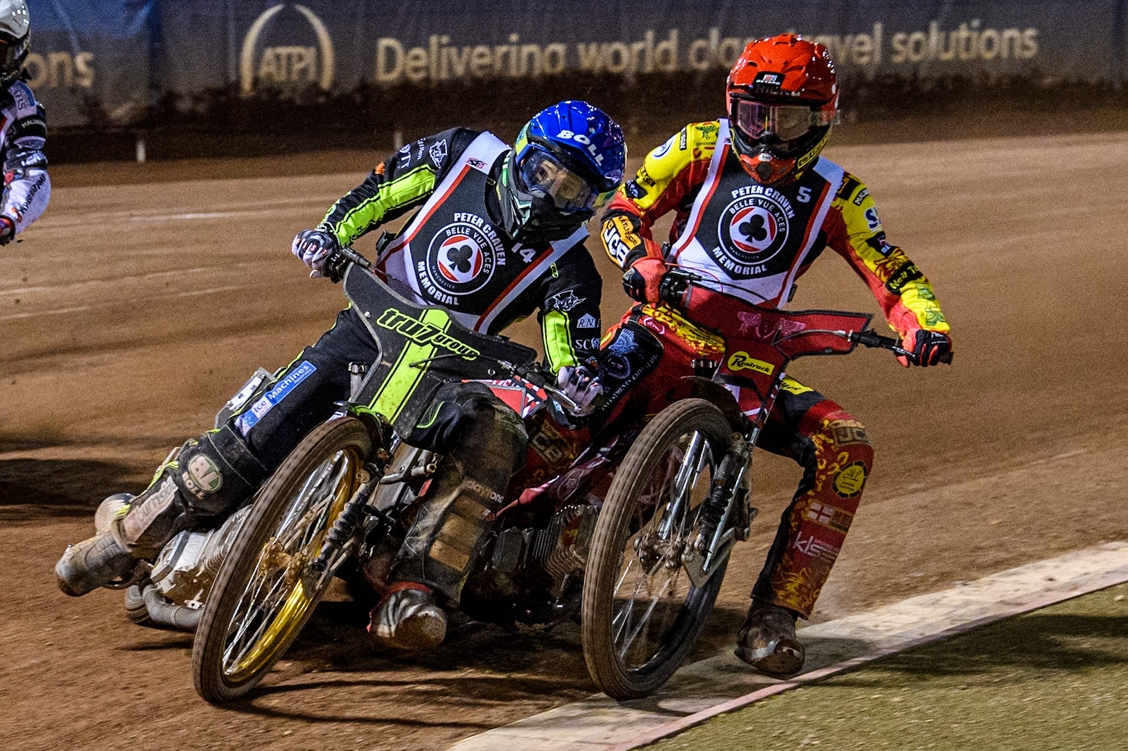 Australia's Jason Doyle (Blue) battles with Australia's Max Fricke (Red) during the Peter Craven Memorial Trophy meeting at the National Speedway Stadium, Manchester on Monday 18th March 2024. (Photo: Ian Charles | MI News)