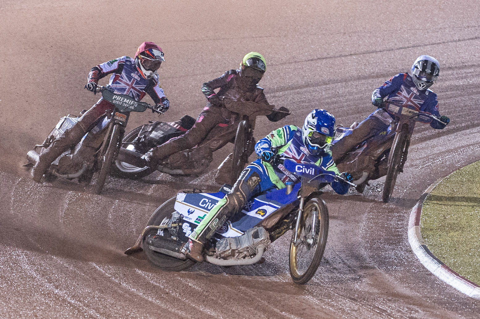 Photo: Ian CharlesRichie Worrall (Blue) leads  Steve Worrall  (Red) Josh Bates   (Yellow)  and Josh Auty (White)  Sports Insure British Speedway Championship Final, National Speedway Stadium, Manchester Monday  28  September  2020