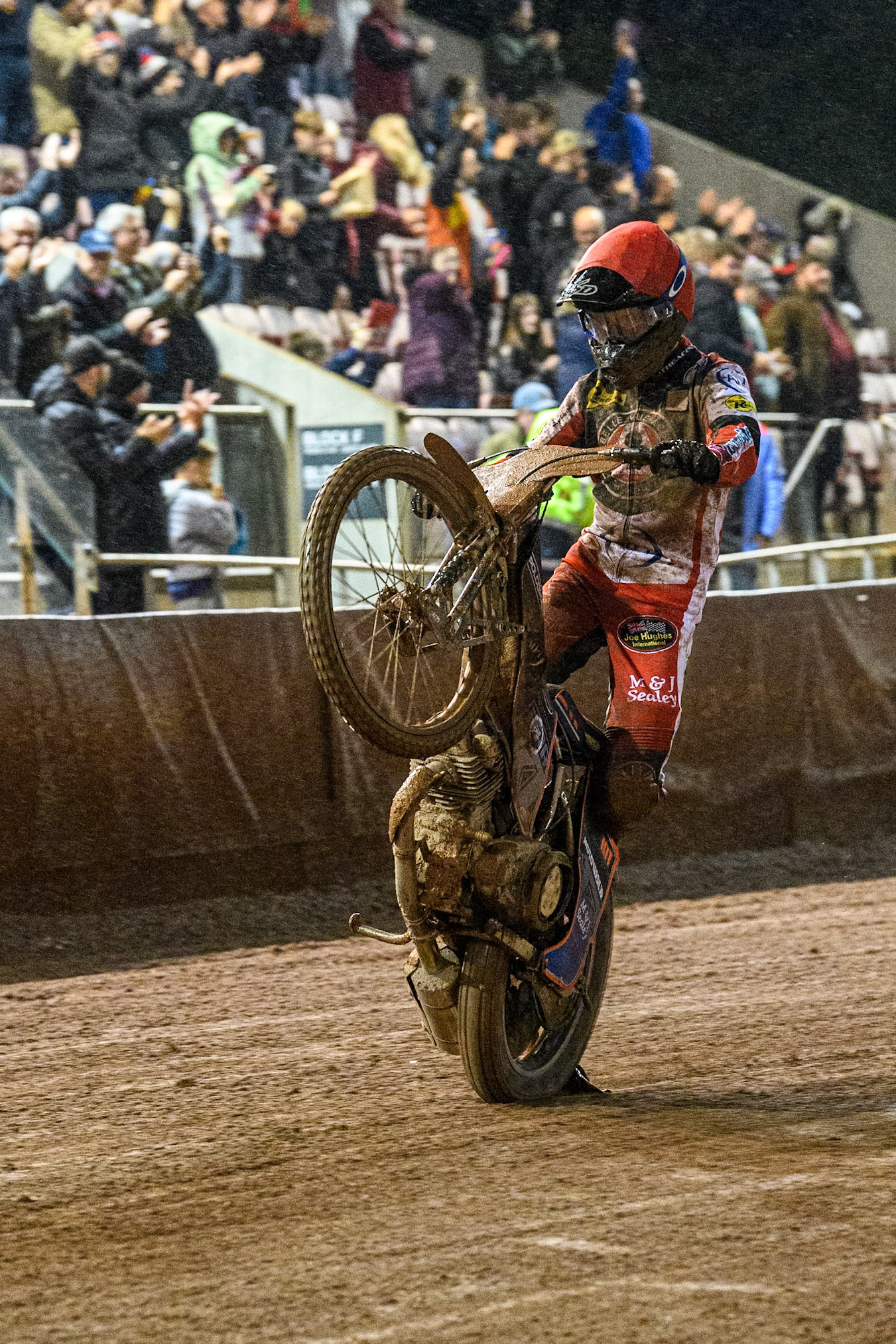 Belle Vue Aces' Brady Kurtz  celebrates with a wheelie during the Rowe Motor Oil Premiership Grand Final 1st Leg between Belle Vue Aces and Leicester Lions at the National Speedway Stadium, Manchester on Monday 23rd September 2024. (Photo: Ian Charles | MI News)