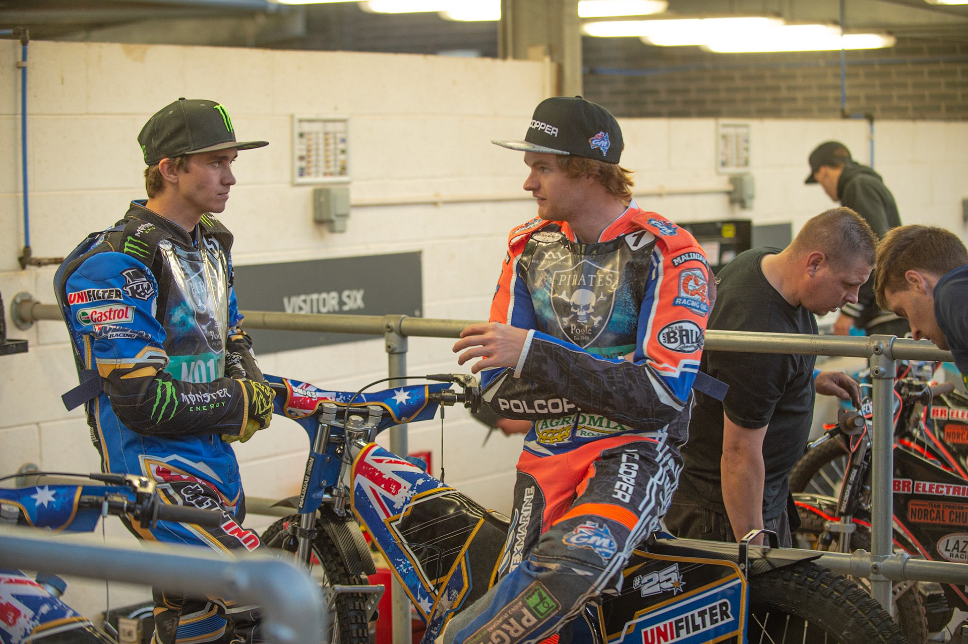 Photo by Ian Charles

Jack Holder  (left) chats with Brady Kurtz 

Belle Vue Aces v Poole Pirates, British Speedway Premiership, Belle Vue National Speedway Stadium, Manchester, Monday 1  July  2019
