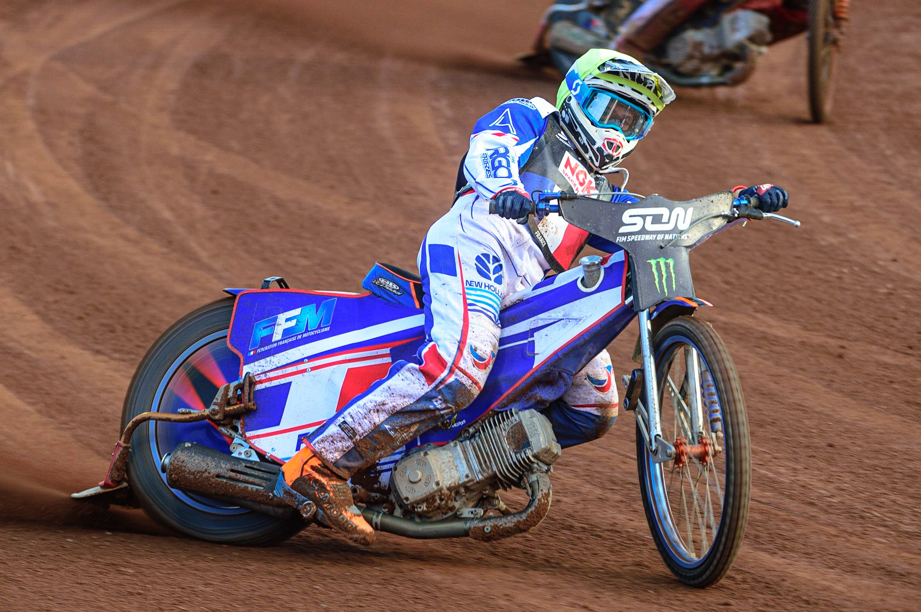 MANCHESTER, UK. OCT 16TH Dmitri Berge of France in action  during the Monster Energy FIM Speedway of Nations at the National Speedway Stadium, Manchester on Saturday  16th October 2021. (Credit: Ian Charles | MI News)