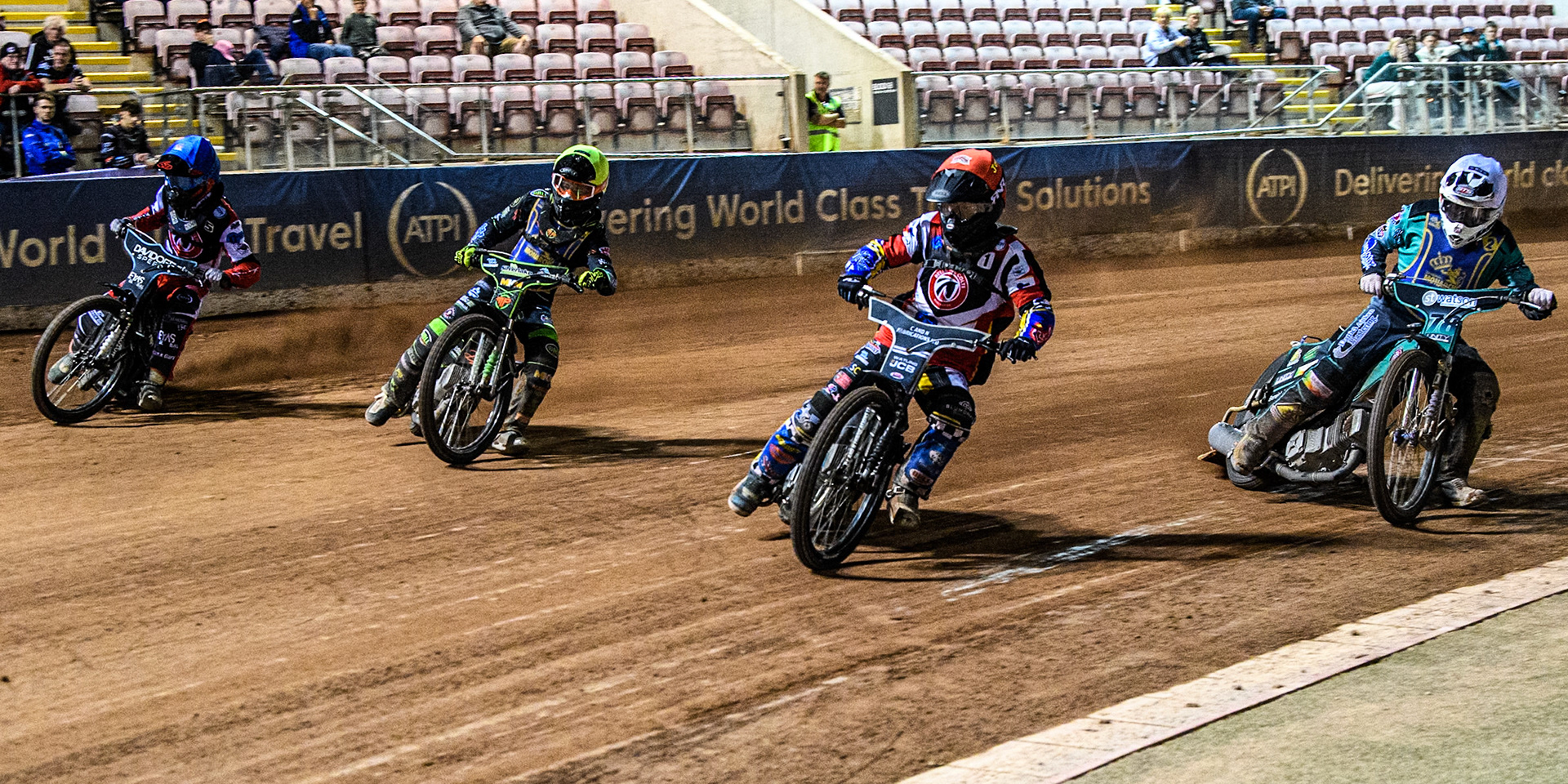 Belle Vue Colts' Guest Rider Joe Thompson in Red leading Edinburgh Monarchs' Mason Watson in White, \wm5\ in Yellow and Belle Vue Colts' Freddy Hodder in Blue during the WSRA National Development League match between Belle Vue Aces and Edinburgh Monarchs at the National Speedway Stadium, Manchester on Friday 30th August 2024. (Photo: Ian Charles | MI News)