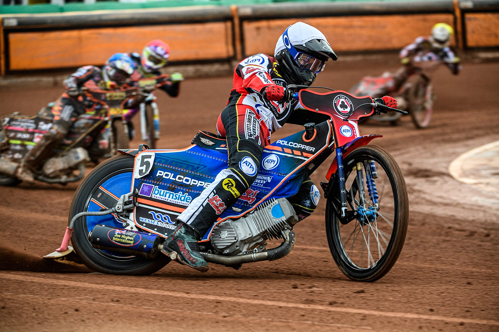 Brady Kurtz (White) leads Leon Flint (Blue) Ryan Douglas (Red)  and Connor Bailey (Yellow) during the Sports Insure Premiership match between Wolverhampton Wolves and Belle Vue Aces at Monmore Green Stadium, Wolverhampton on Monday 10th July 2023. (Photo: Ian Charles | MI News)