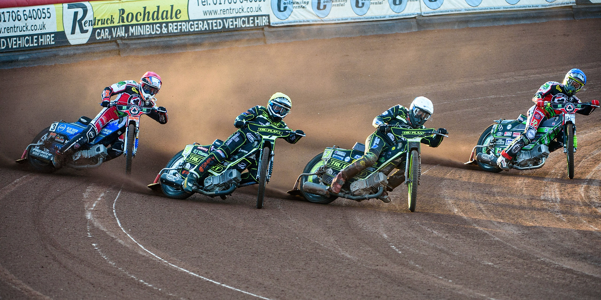 MANCHESTER UKCraig Cook   (White) and \iw45\ (Yellow) lead Steve Worrall  (Red) and Charles Wright   (Blue) during the SGB Premiership match between Belle Vue Aces and Ipswich Witches at the National Speedway Stadium, Manchester on Monday 2nd August 2021. (Credit: Ian Charles | MI News)