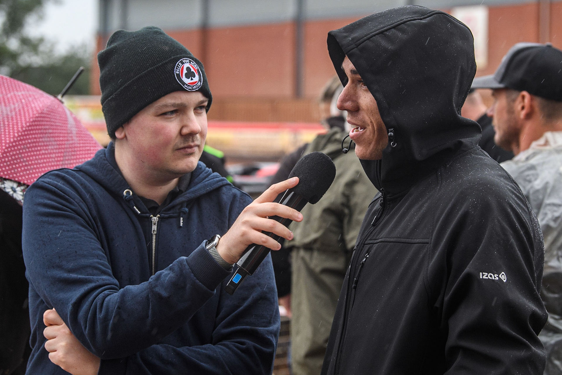 Belle Vue Presenter interviews defending World Champion Gerard Bailo (17) from Spain during the FIM World Flat Track Championship Round 1 at the National Speedway Stadium, Manchester on Saturday 5th August 2023. (Photo: Ian Charles | MI News)
