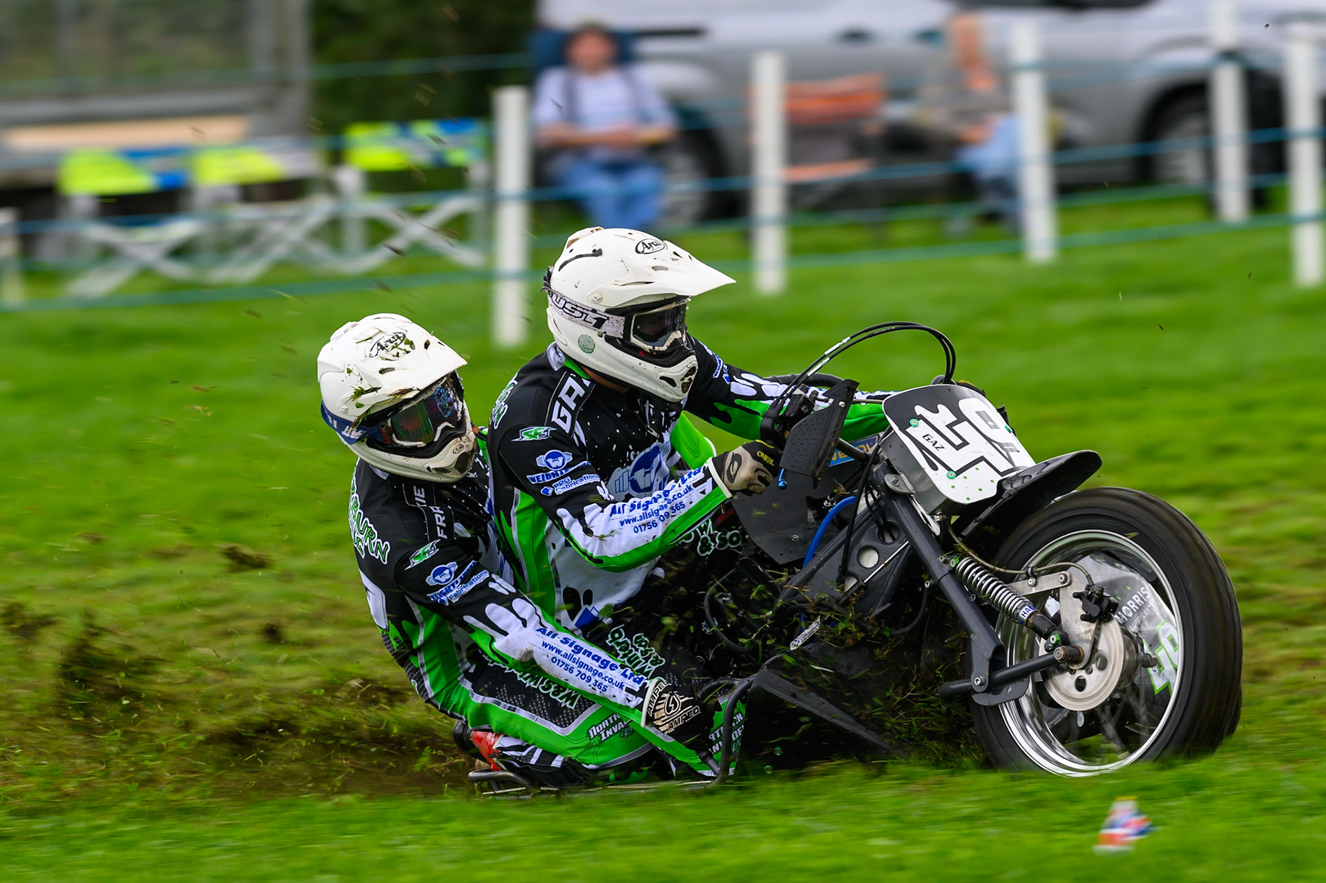 Gareth Winterburn/Frankie Courtney (49) during practice for  the British Masters Grasstrack Championship at Lower Marsh Farm, Much Hoole, Preston in Lancashire, England on Sunday 13th September 2026. (Photo: Ian Charles | MI News)