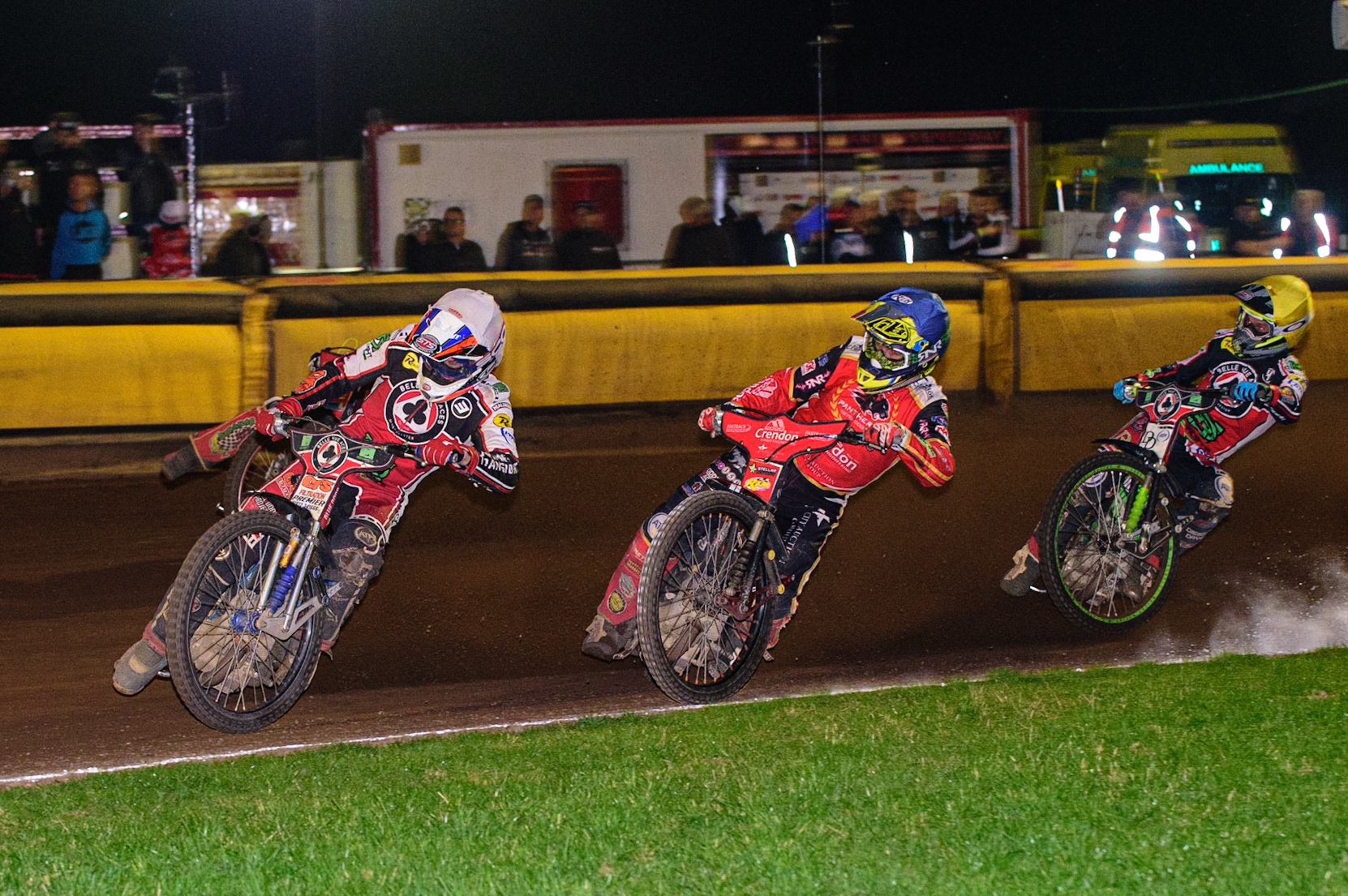 PETERBOROUGH, UK. OCT 14TH Steve Worrall   (White) leads Scott Nicholls  (Blue) and Charles Wright  (Yellow) with Michael Palm Toft  (Red) on the outside during the SGB Premiership Grand Final 2nd leg between Peterborough and Belle Vue Aces at East of England Showground, Peterborough on Thursday 14th October 2021. (Credit: Ian Charles | MI News)
