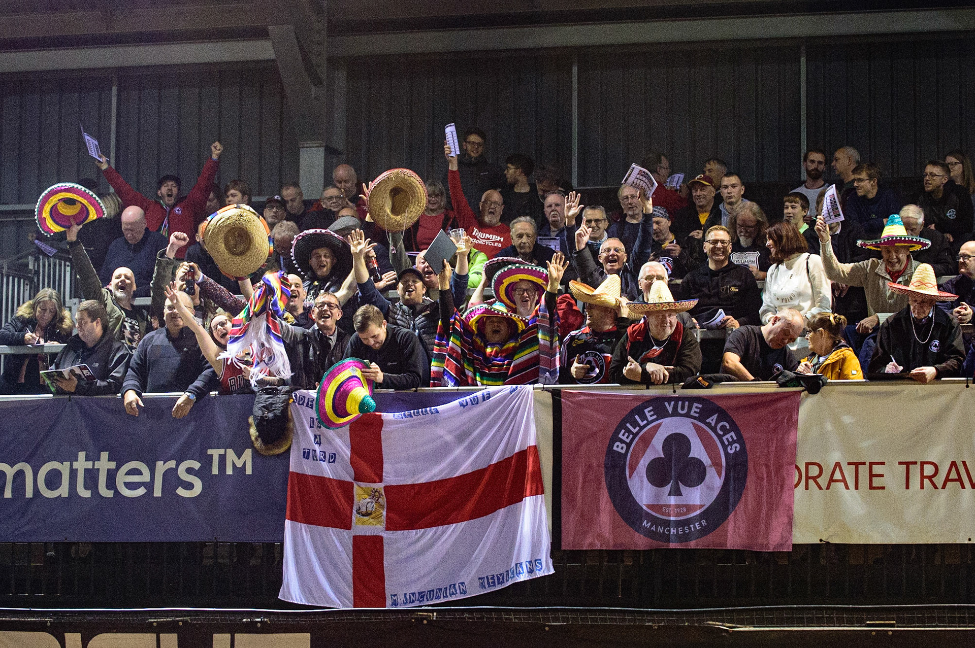 MANCHESTER, UK. OCT 7TH  The Manchester Mexicans show their support for the Aces during the SGB Premiership Play off Semi-Final Second Leg between Belle Vue Aces and Sheffield Tigers at the National Speedway Stadium, Manchester on Thursday 7th October 2021. (Credit: Ian Charles | MI News)