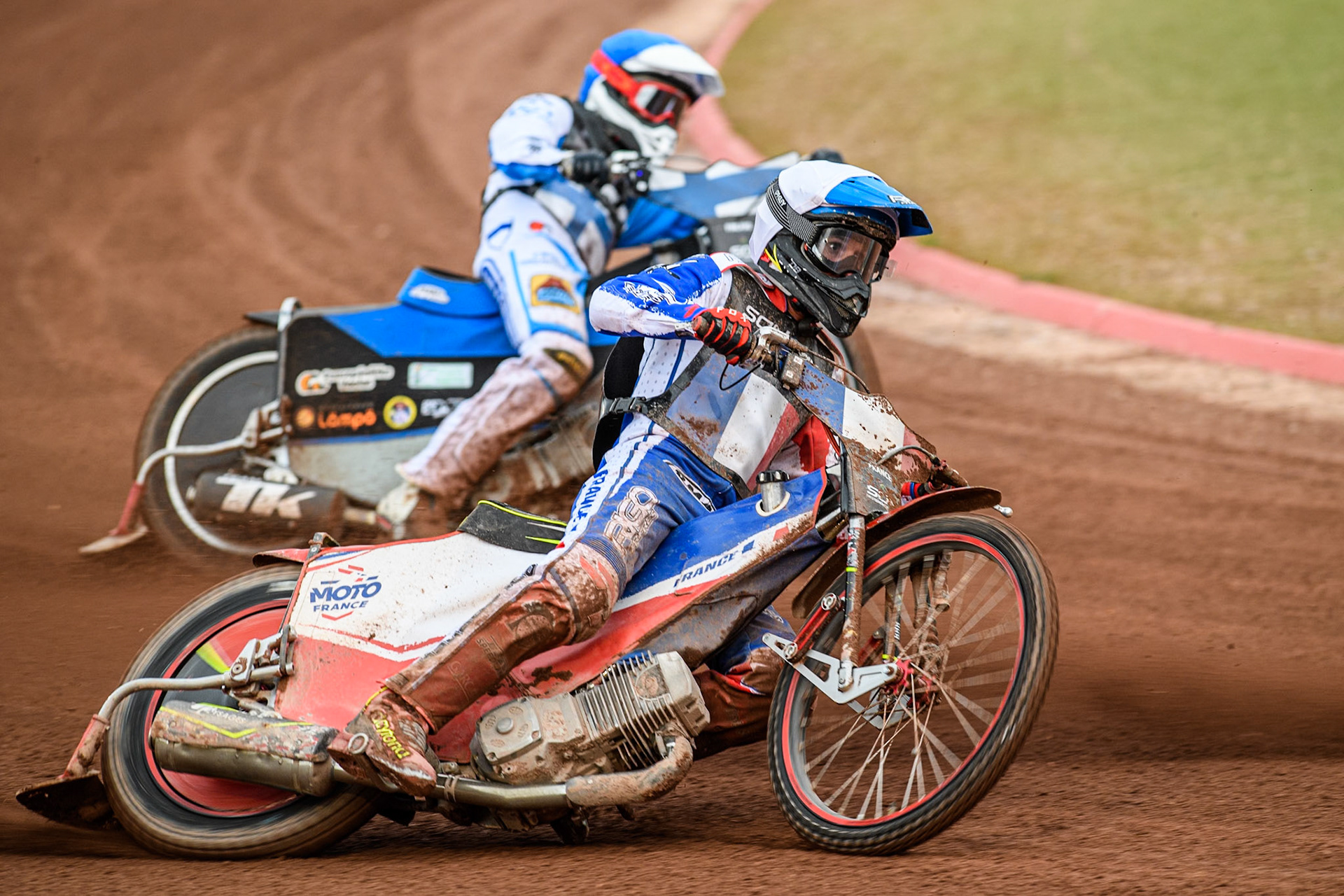 Finland v France: David Bellego of France in White leading Antti Vuolas of Finland in Blueduring the Monster Energy FIM Speedway of Nations Semi-Final 1 at the National Speedway Stadium, Manchester on Tuesday 9th July 2024. (Photo: Ian Charles | MI News)