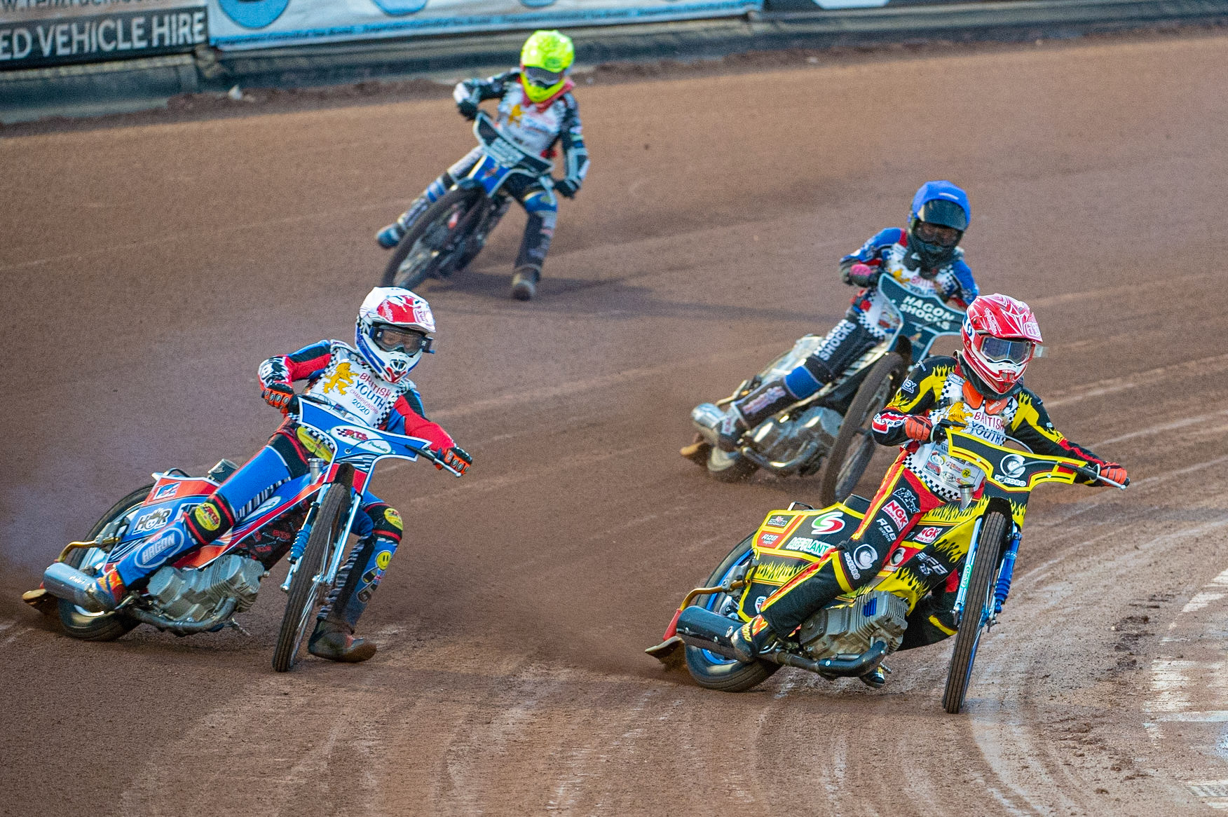 Photo: Ian CharlesMax James (Red) inside Cameron Taylor(White) with Jody Scott (Blue) and Ashton Vale (Yellow) behind (250cc Class)British Youth Speedway Championship (Round 5), National Speedway Stadium, Manchester Saturday  10  October  2020
