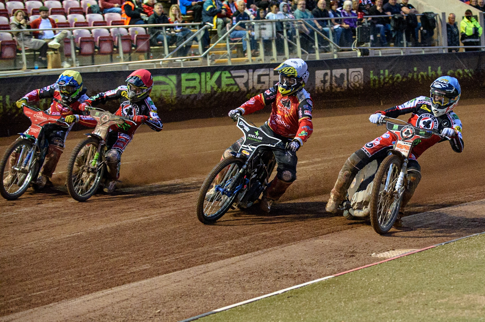 MANCHESTER, UK. AUG 9TH  Dan Bewley  (Blue) inside  Scott Nicholls  (White), Charles Wright  (Red) and Hans Andersen  (White)during the SGB Premiership match between Belle Vue Aces and Peterborough at the National Speedway Stadium, Manchester on Monday 9th August 2021. (Credit: Ian Charles | MI News)