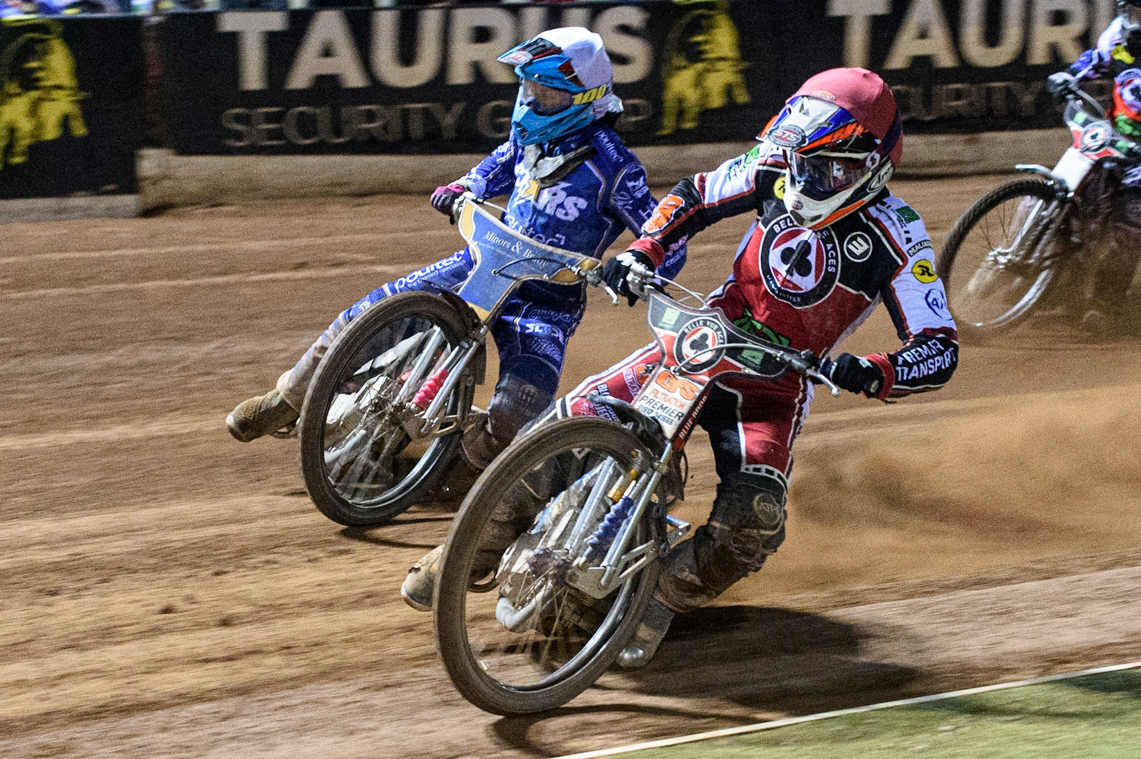 MANCHESTER, UK. SEPT 13TH  Steve Worrall  (Red) inside Erik Riss  (White) during the SGB Premiership match between Belle Vue Aces and King's Lynn Stars at the National Speedway Stadium, Manchester on Monday 13th September 2021. (Credit: Ian Charles | MI News)