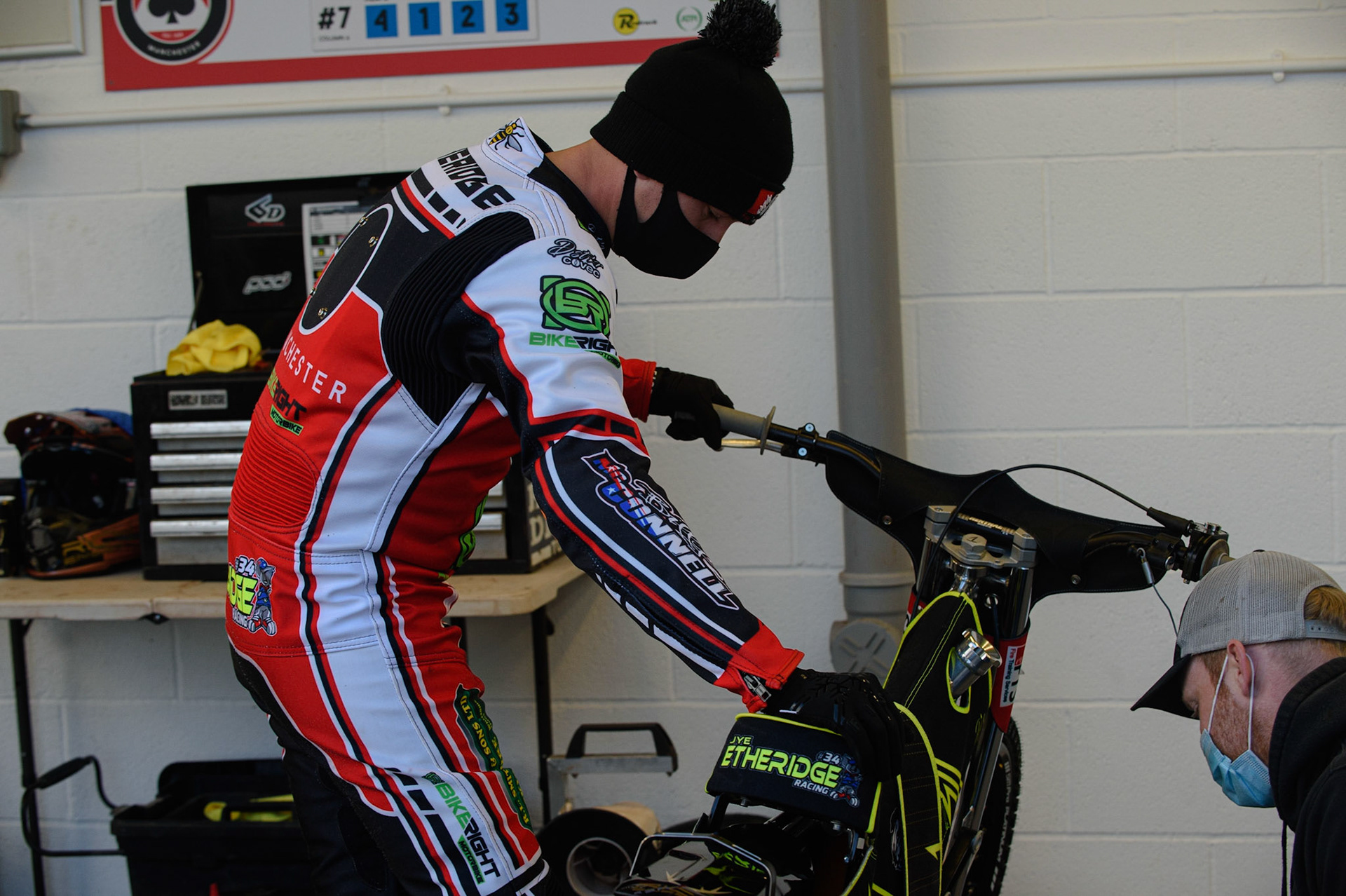 Photo: Ian CharlesJye Etheridge checks his machineBelle Vue Aces v Sheffield Tigers, British Speedway Premier League, National Speedway Stadium, Manchester Monday  17  May  2021