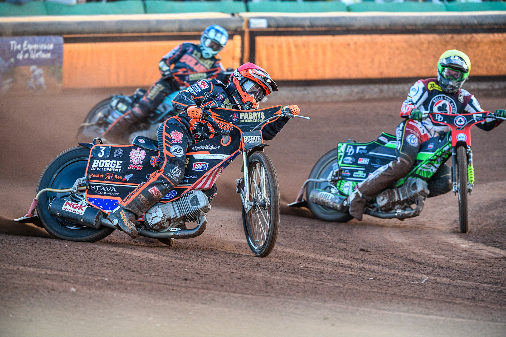 Luke Becker (Red) outside Charles Wright (Yellow) with Ryan Douglas (Blue) behind during the Sports Insure Premiership match between Wolverhampton Wolves and Belle Vue Aces at Monmore Green Stadium, Wolverhampton on Monday 29th May 2023. (Photo: Ian Charles | MI News)