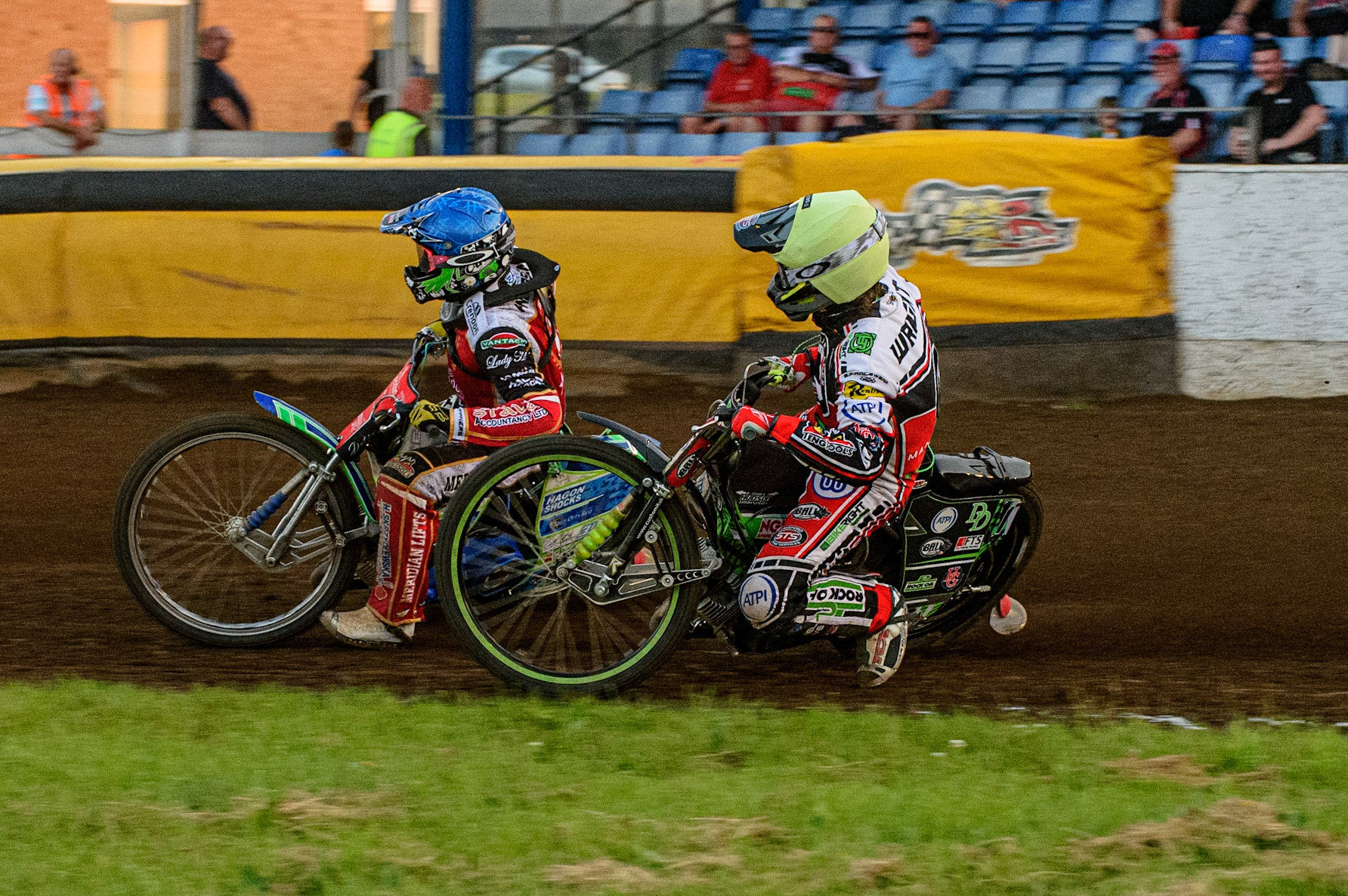 PETERBOROUGH, UK. JULY 19TH   Charles Wright  (Yellow) chases Hans Andersen (Blue) to help the Aces to a Maximum Points heat win during the SGB Premiership match between Peterborough and Belle Vue Aces at East of England Showground, Peterborough on Monday 19th July 2021. (Credit: Ian Charles | MI News)