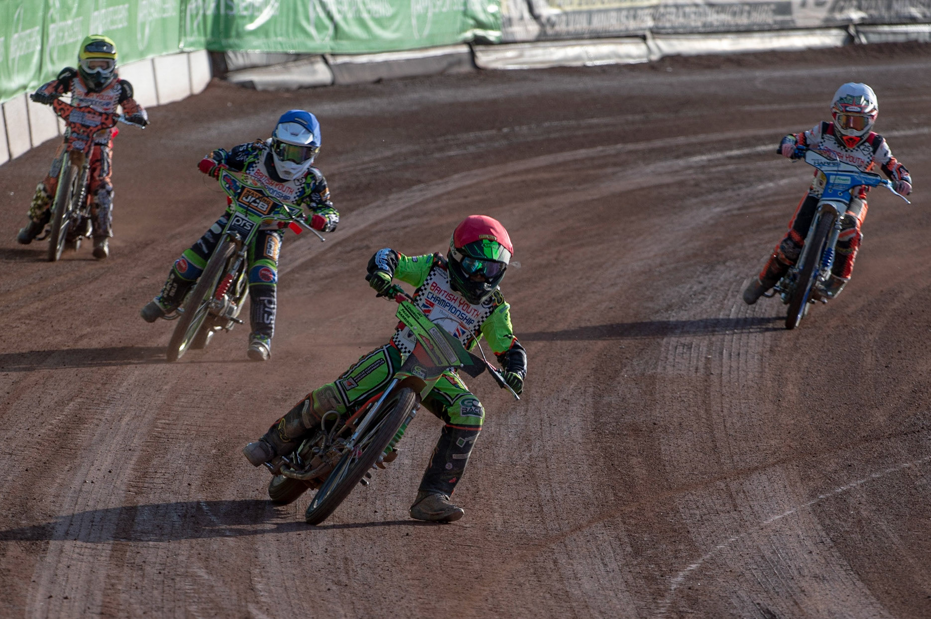 Photo: Ian Charles

Freddie Fox-Baron (Red) leads Danny Smith (Blue) Charlie Wood (White) and Max Perry (Yellow)

Summer Speed Saturday & British Youth Speedway Championship Round 5, National Speedway Stadium, Manchester, Saturday 22 June 2019
