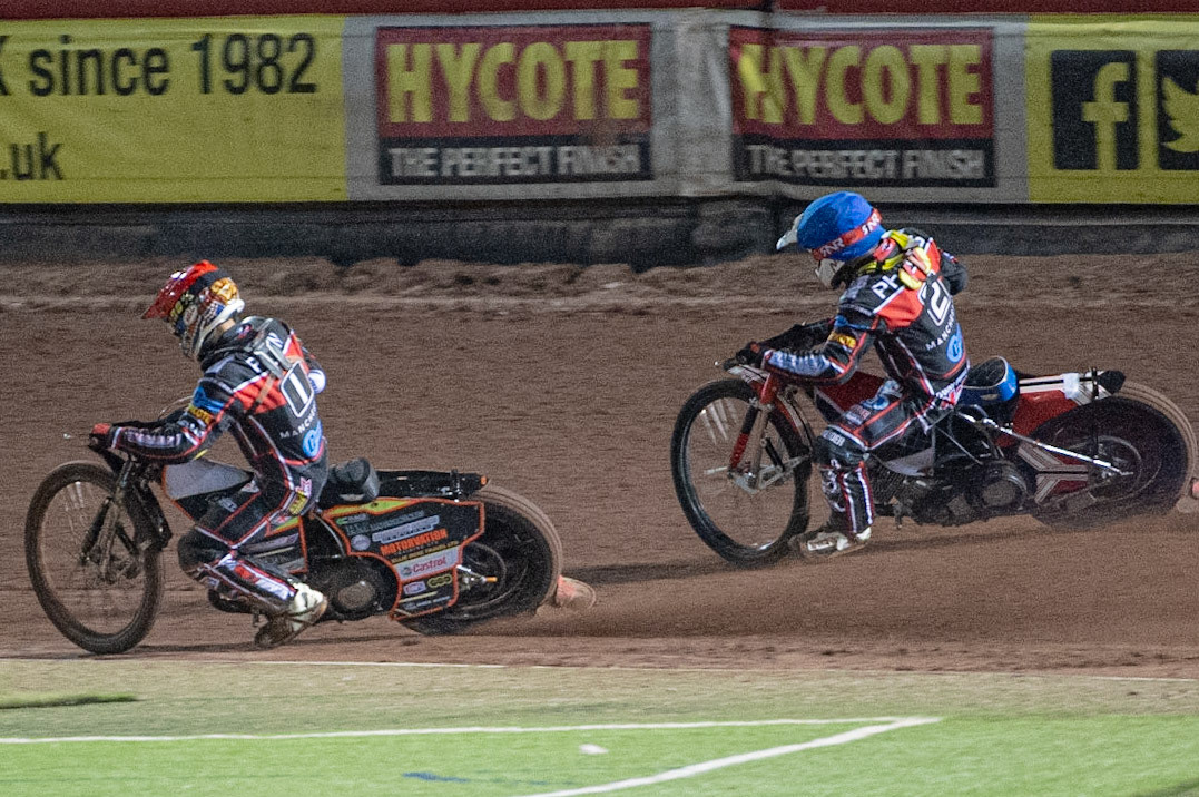 Photo: Ian Charles

Belle Vue Colts  Jordan Palin  (Red) passes team mate Danny Phillips  (Blue)

Belle Vue Colts v Leicester Lion Cubs, SGB National League KO Cup Final (2nd Leg), Belle Vue National Speedway Stadium, Manchester, Tuesday 29  October  2019