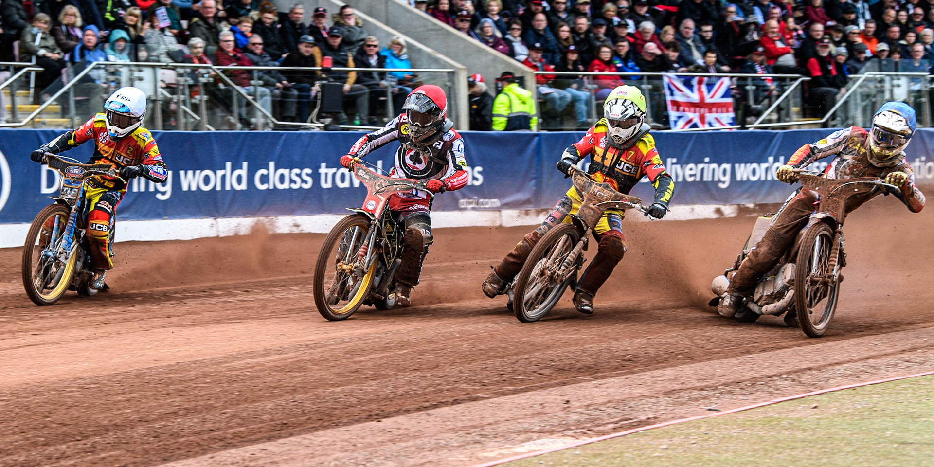 (l - r) Justin Sedgmen  (White), Norick Blodorn  (Red), Dan Thompson  (Yellow) and Jake Mulford  (Blue) during the SGB Premiership match between Belle Vue Aces and Leicester Lions at the National Speedway Stadium, Manchester on Monday 1st May 2023. (Photo: Ian Charles | MI News)