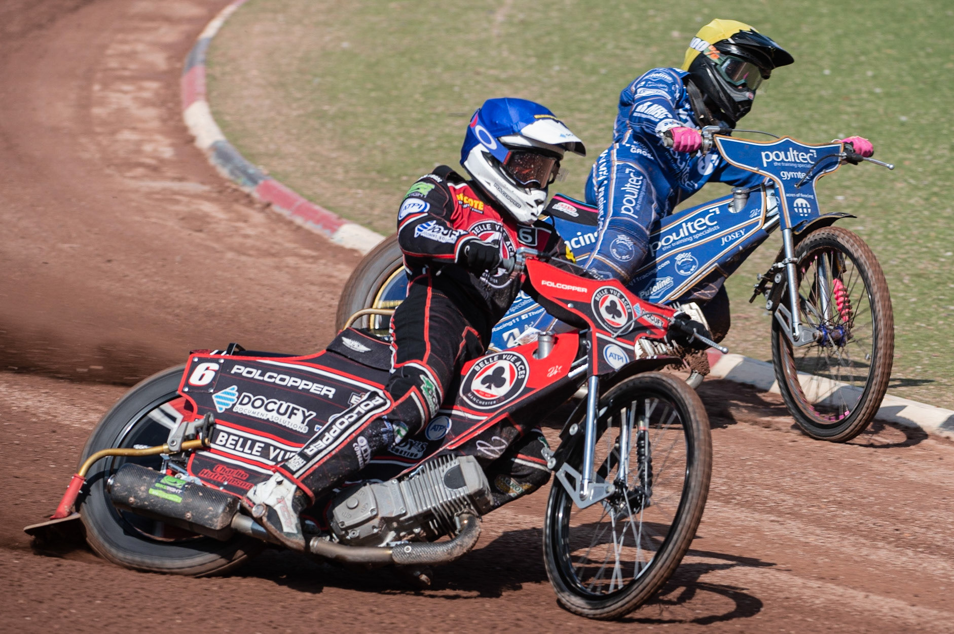 Photo: Ian Charles

Jaimon Lidsey  (Blue) outside Thomas Jorgensen (Yellow)

Belle Vue Aces v Kings Lynn Stars, British Speedway Premiership, Belle Vue National Speedway Stadium, Manchester, Monday 26  August  2019