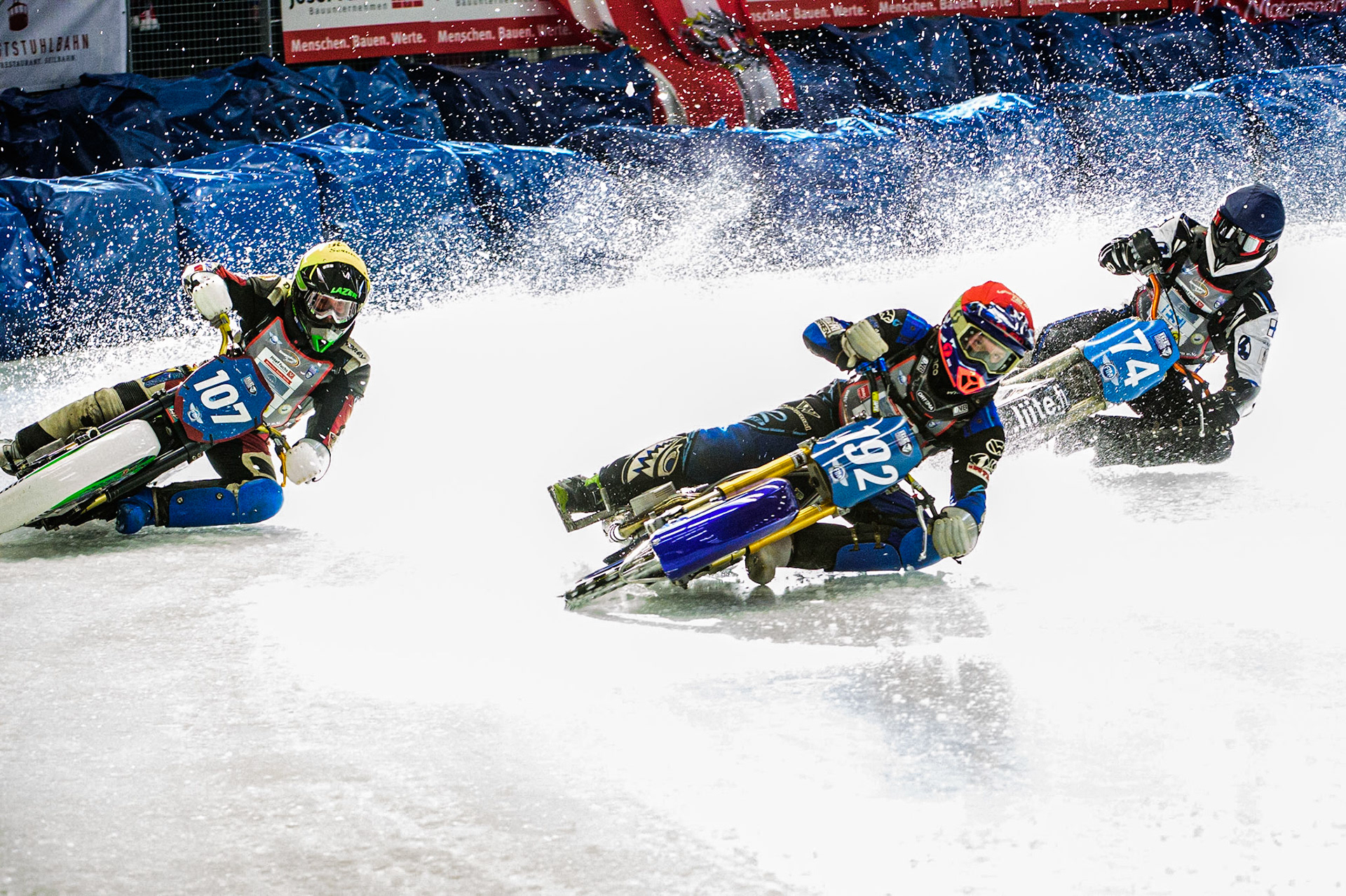 Niclas Svensson (192) (Red) leads Andrej Divis (107) (White) and Mats Järf (74) (Blue) during the Ice Speedway Gladiators World Championship Final 1 at Max-Aicher-Arena, Inzell, Germany on Saturday 18th March 2023. (Photo: Ian Charles | MI News)