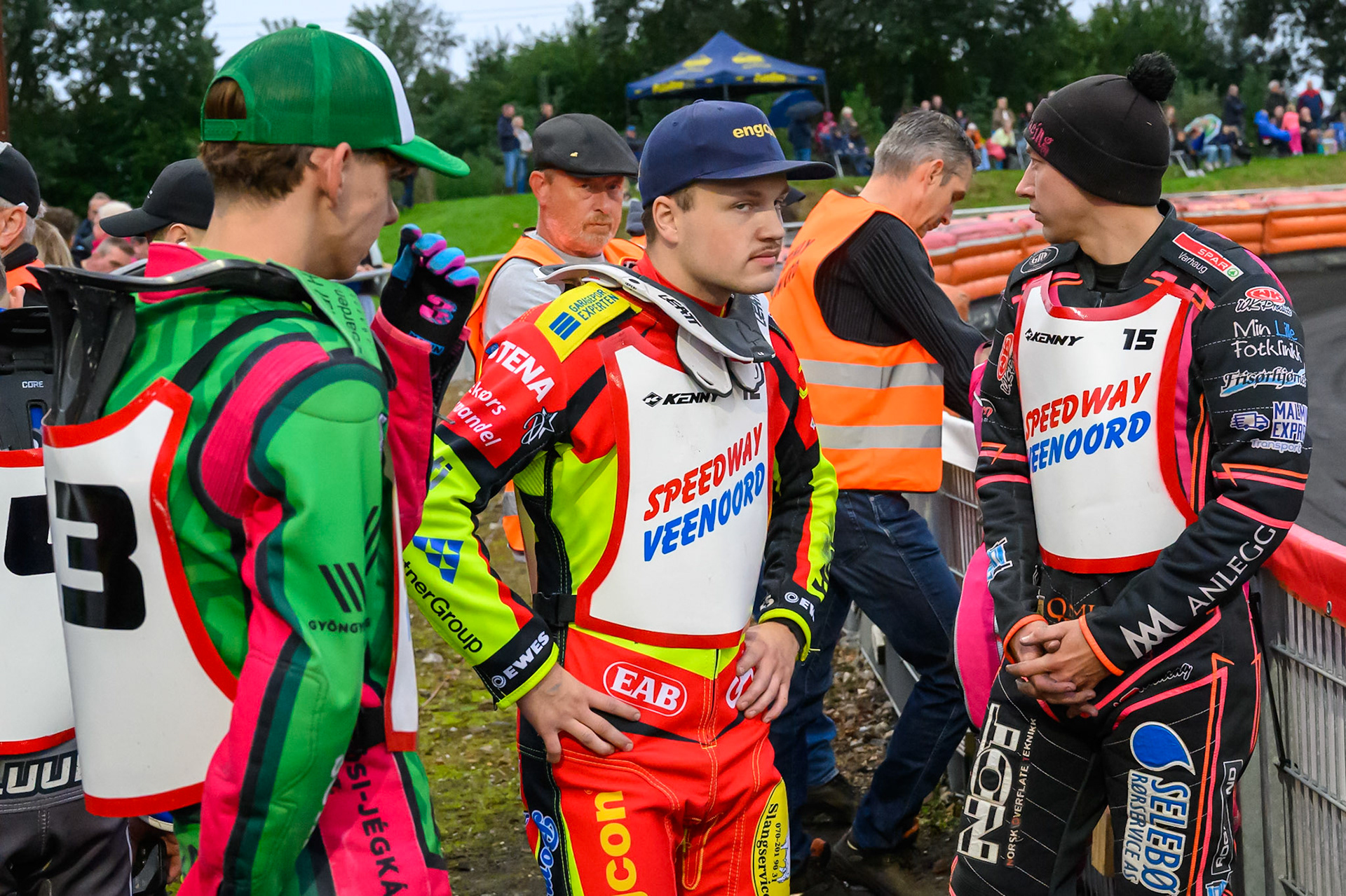 (L to R) Zoltan Lovas of Hungary, Eddie Bock of Sweden and Glenn Moi of Norway wait for the riders parade during the Gouden KENNY Helm at Speedway Veenoord, Veenoord in the Netherlands on Saturday 19th September 2026. (Photo: Ian Charles | MI News)