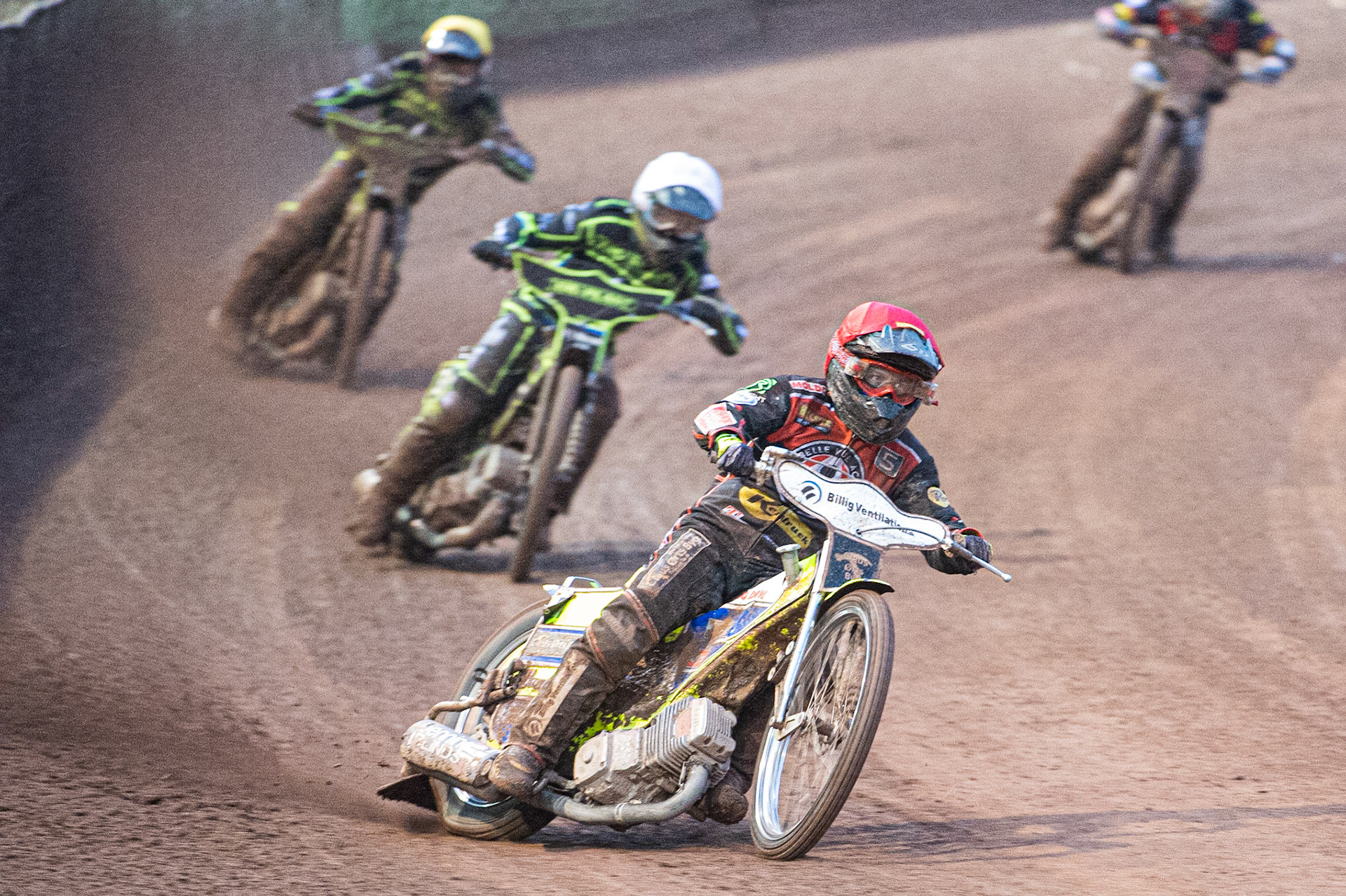 Photo by Ian Charles

Kenneth Bjerre  leads Danny King  (White) and Cameron Heeps (Yellow)

Belle Vue Aces v Ipswich Witches, British Speedway Premiership, Belle Vue National Speedway Stadium, Manchester, Monday 8  July  2019