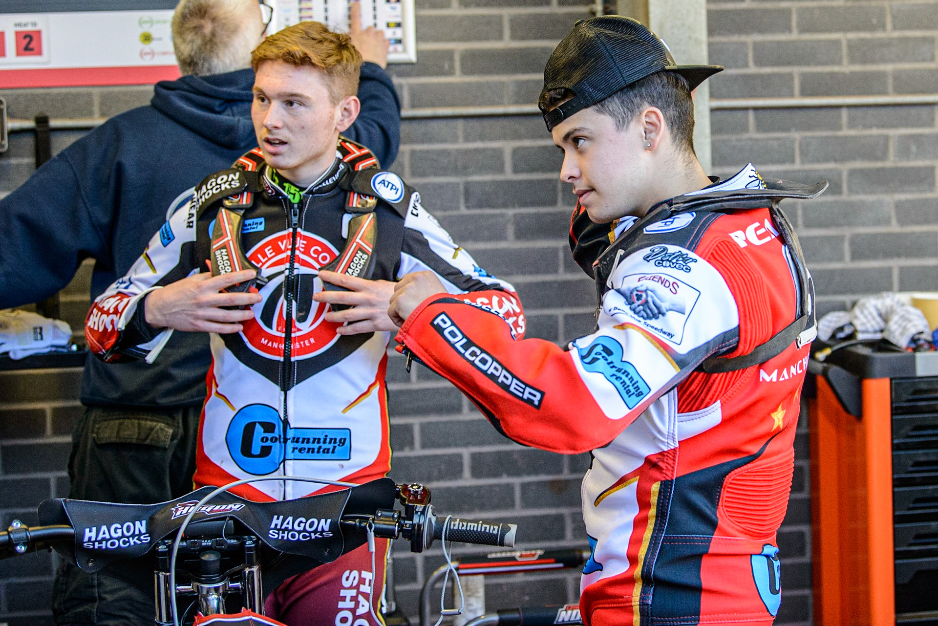 Sam Hagon  (left) and James Pearson  during the National Development League match between Belle Vue Colts and Berwick Bullets at the National Speedway Stadium, Manchester on Friday 7th April 2023. (Photo: Ian Charles | MI News)