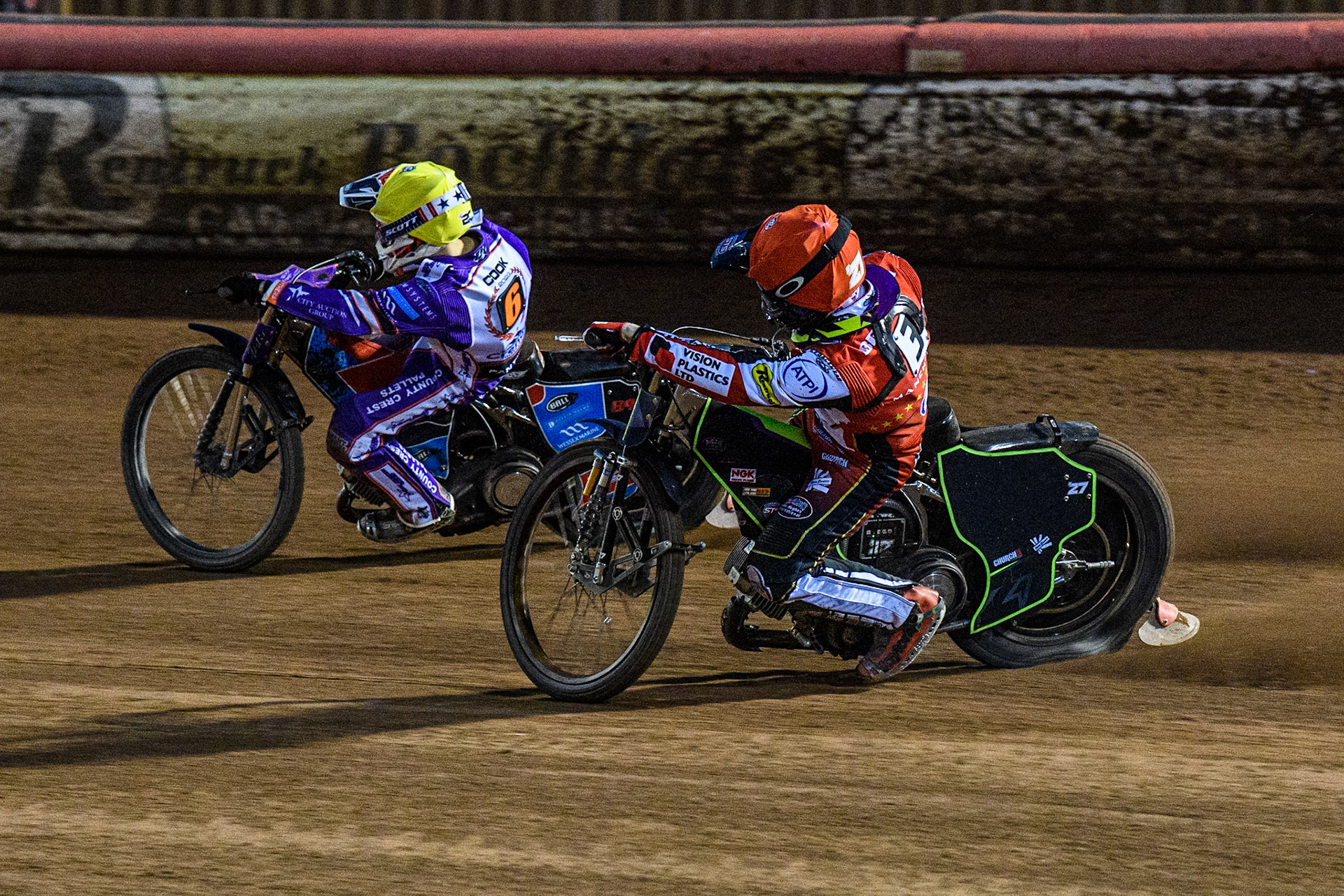 Tom Brennan  (Red) chases Ben Cook  (Yellow) during the SGB Premiership match between Belle Vue Aces and Peterborough at the National Speedway Stadium, Manchester on Monday 24th April 2023. (Photo: Ian Charles | MI News)
