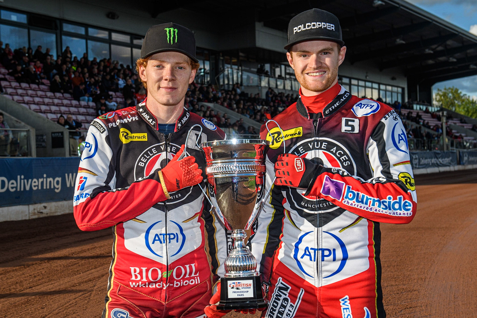 Dan Bewley (left) and Brady Kurtz with the Premiership Pairs trophy during the Sports Insure Premiership match between Belle Vue Aces and Ipswich Witches at the National Speedway Stadium, Manchester on Monday 17th July 2023. (Photo: Ian Charles | MI News)