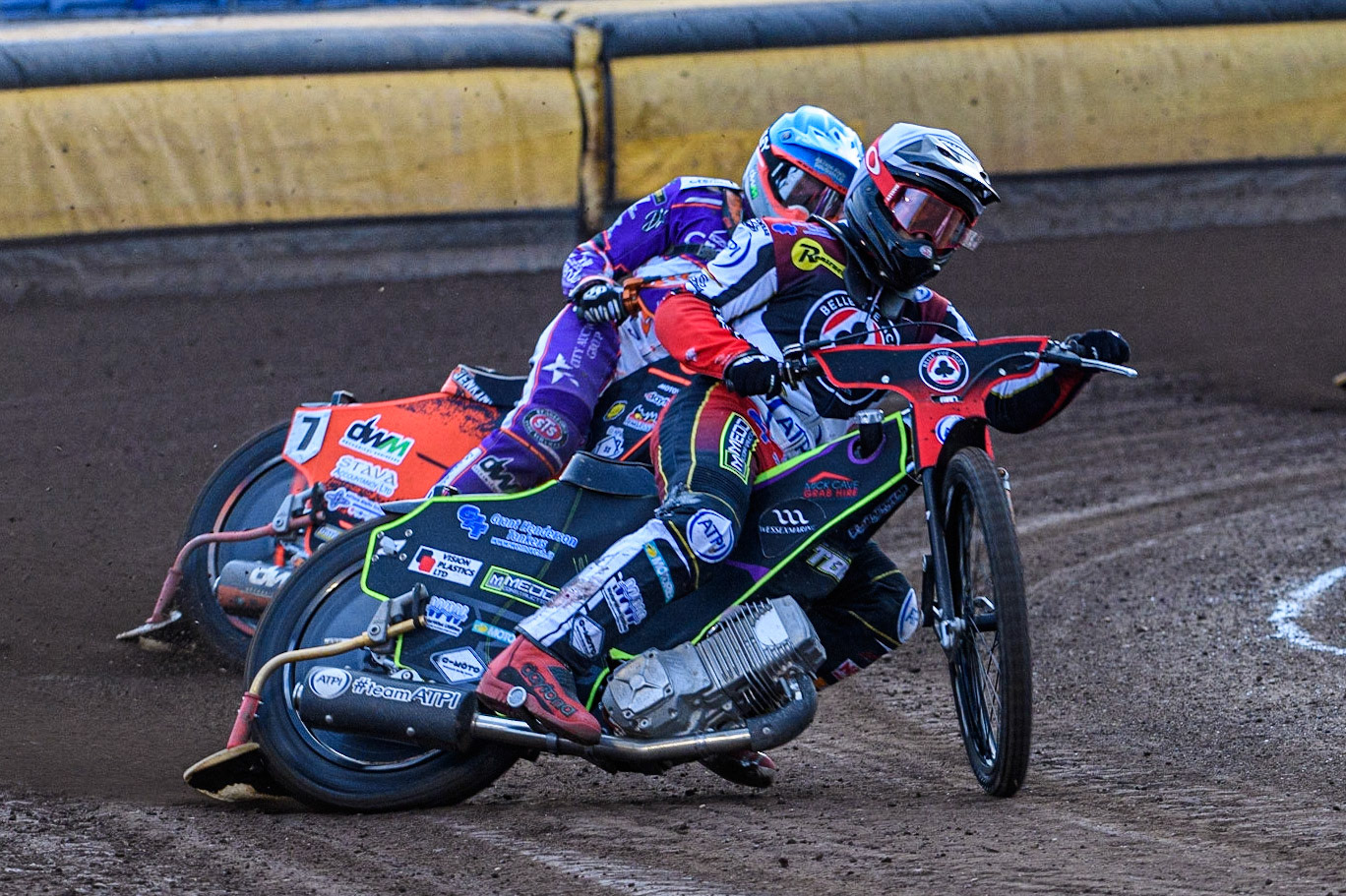 Tom Brennan (White) leads Jordan Jenkins (Yellow) during the Sports Insure Premiership match between Peterborough and Belle Vue Aces at East of England Showground, Peterborough on Monday 26th June 2023. (Photo: Ian Charles | MI News)