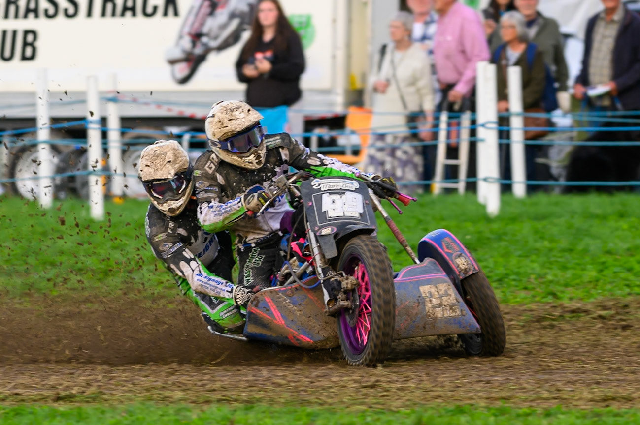 British Masters 1000cc Sidecars:  Gareth Winterburn/Frankie Courtney (49) (on Sidecar no 22) lead the final during the British Masters Grasstrack Championship at Lower Marsh Farm, Much Hoole, Preston in Lancashire, England on Sunday 13th September 2026. (Photo: Ian Charles | MI News)