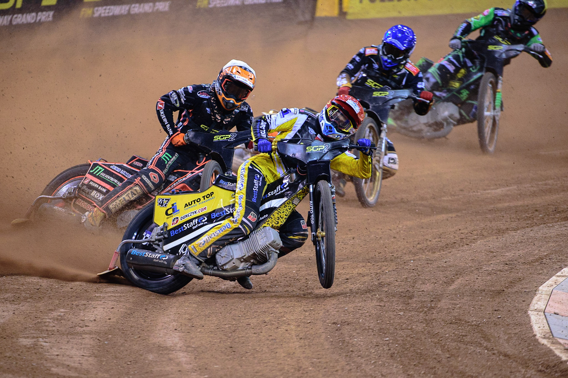 Wiktor Lampart (Poland) (Red) leads Kevin Juhl Pedersen (Denmark)  (White) Norick Blodorn (Germany)  (Blue) and Benjamin Basso (Denmark)  (Yellow) during the FIM  Speedway Grand Prix  2 of Great Britain at the Principality Stadium, Cardiff on Sunday 14th August 2022. (Credit: Ian Charles | MI News)