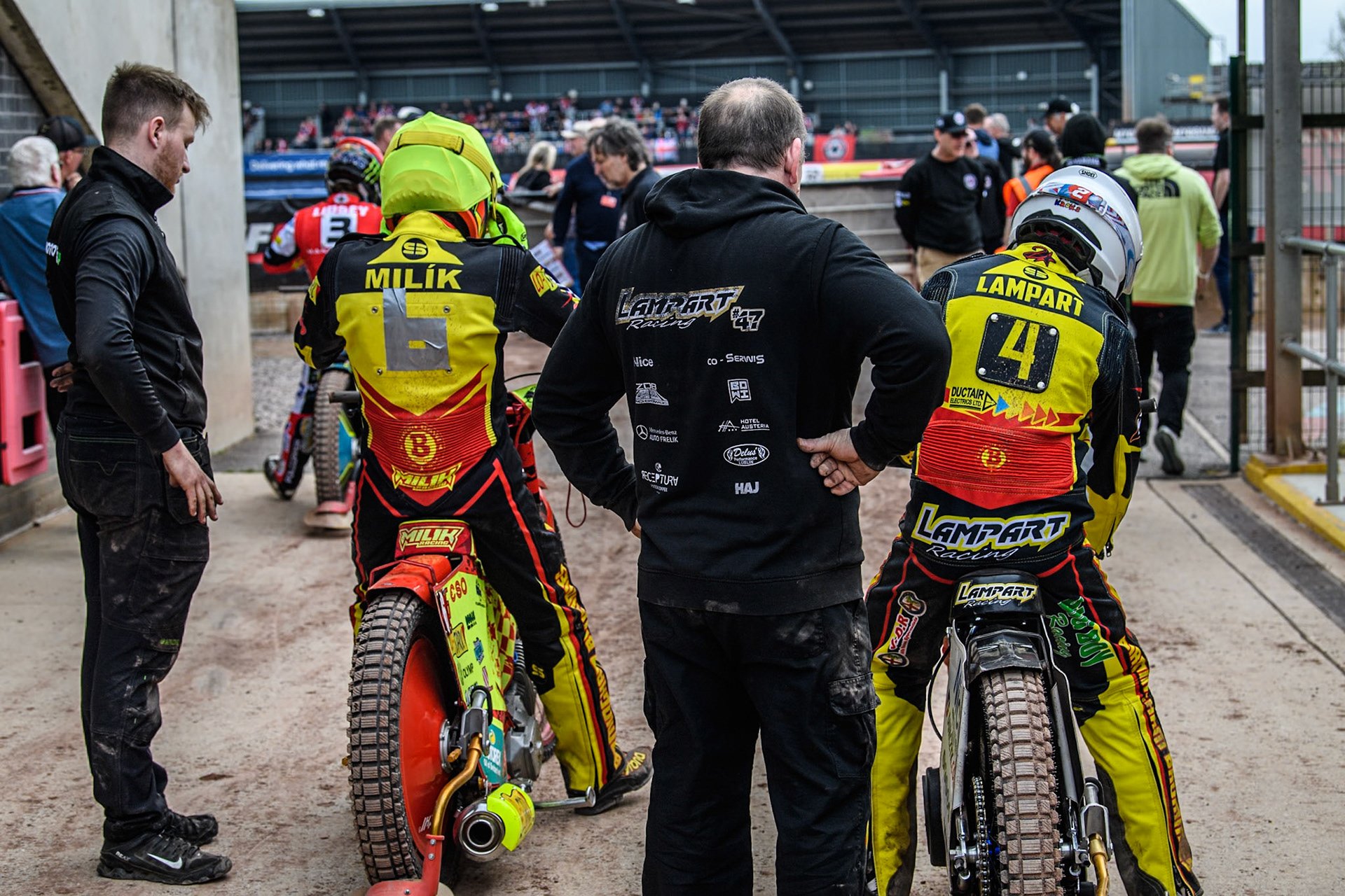 Riders wait to go out for the next heat during the Rowe Motor Oil Premiership match between Belle Vue Aces and Birmingham Brummies at the National Speedway Stadium, Manchester on Monday 6th May 2024. (Photo: Ian Charles | MI News)