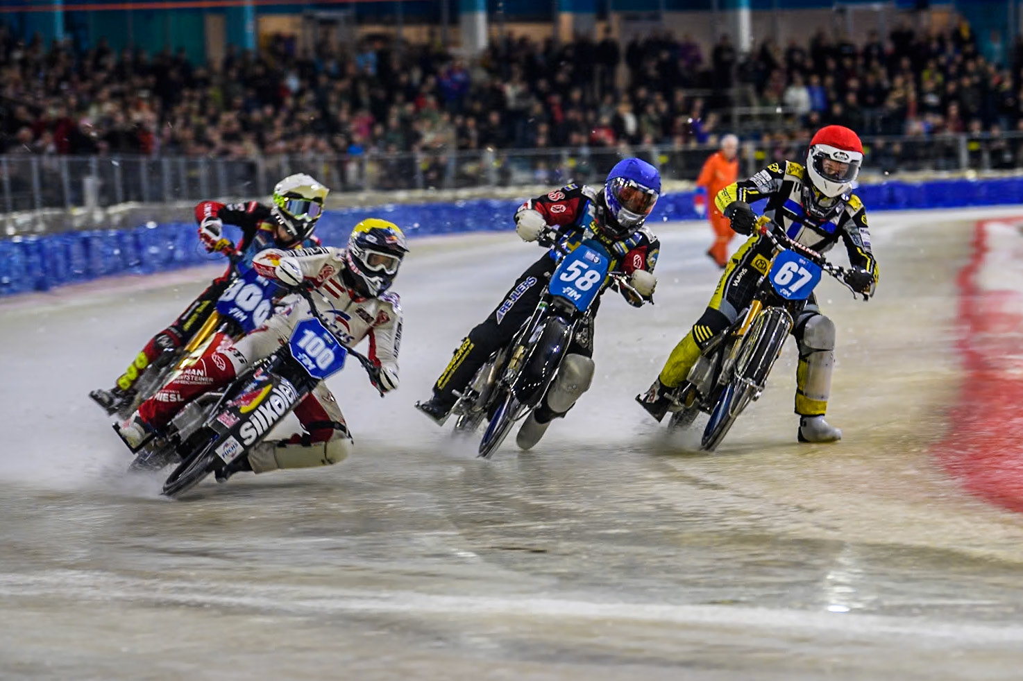 Heat 1 with Austria's Franz Zorn (100) in Yellow leading Sweden's Stefan Svensson (58) in Blue, Finland's Heikki Huusko (67) in Red and Netherlands' Jasper Iwema (800) in White during the FIM Ice Speedway Gladiators World Championship Final 4 at Ice Rink Thialf, Heerenveen on Sunday 7th April 2024. (Photo: Ian Charles | MI News)