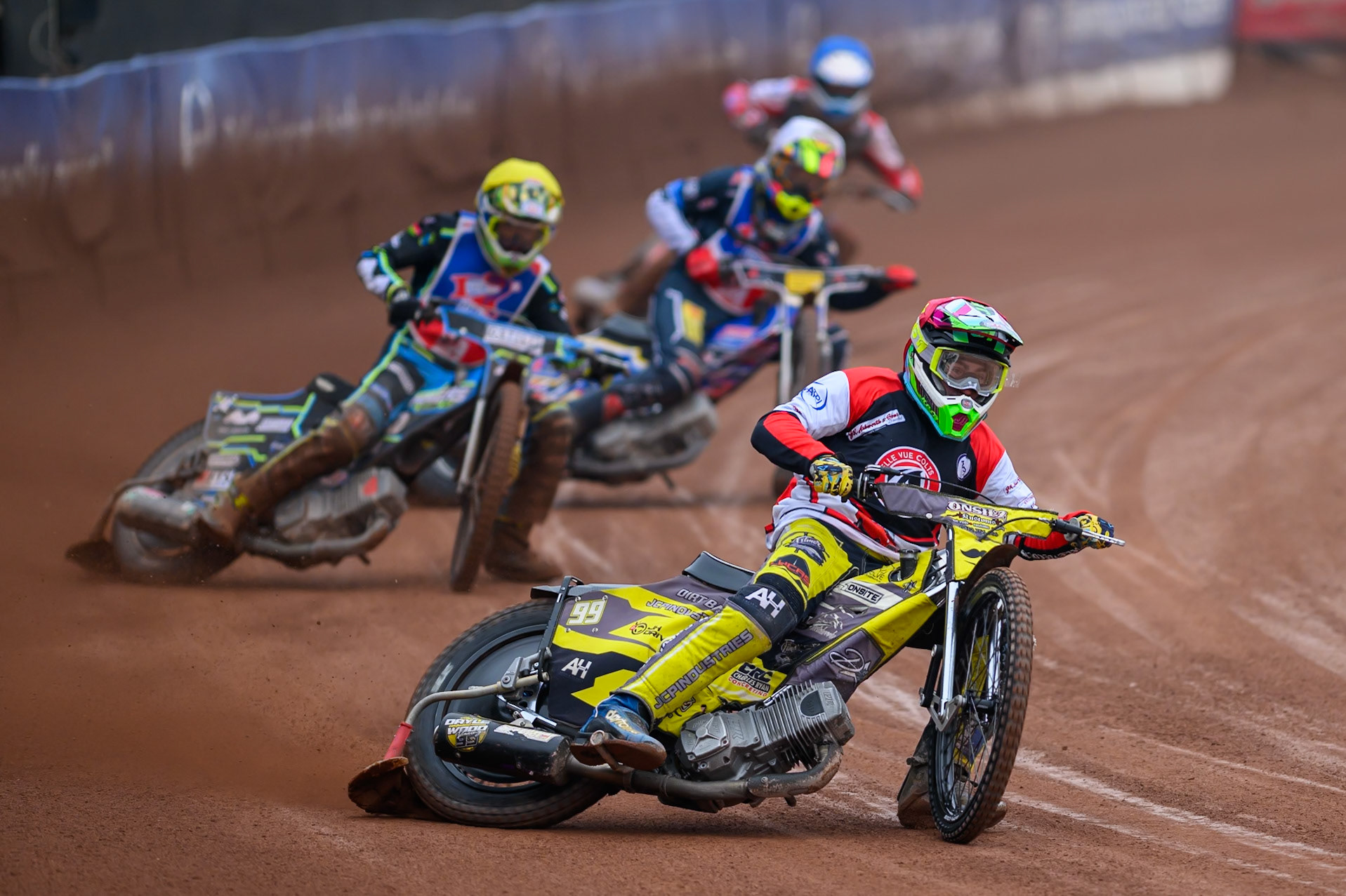 Belle Vue Colts' Guest Rider Dayle Wood  in Red leading Steelers' Guest Rider Senna Summers  in Yellow Steelers' Jamie Etherington in White and Belle Vue Colts' Billy Budd.in Blue during the WSRA National Development League match between Belle Vue Colts and Sheffield/Scunthorpe Steelers at the National Speedway Stadium, Manchester on Sunday 12th October 2025. (Photo: Ian Charles | MI News)