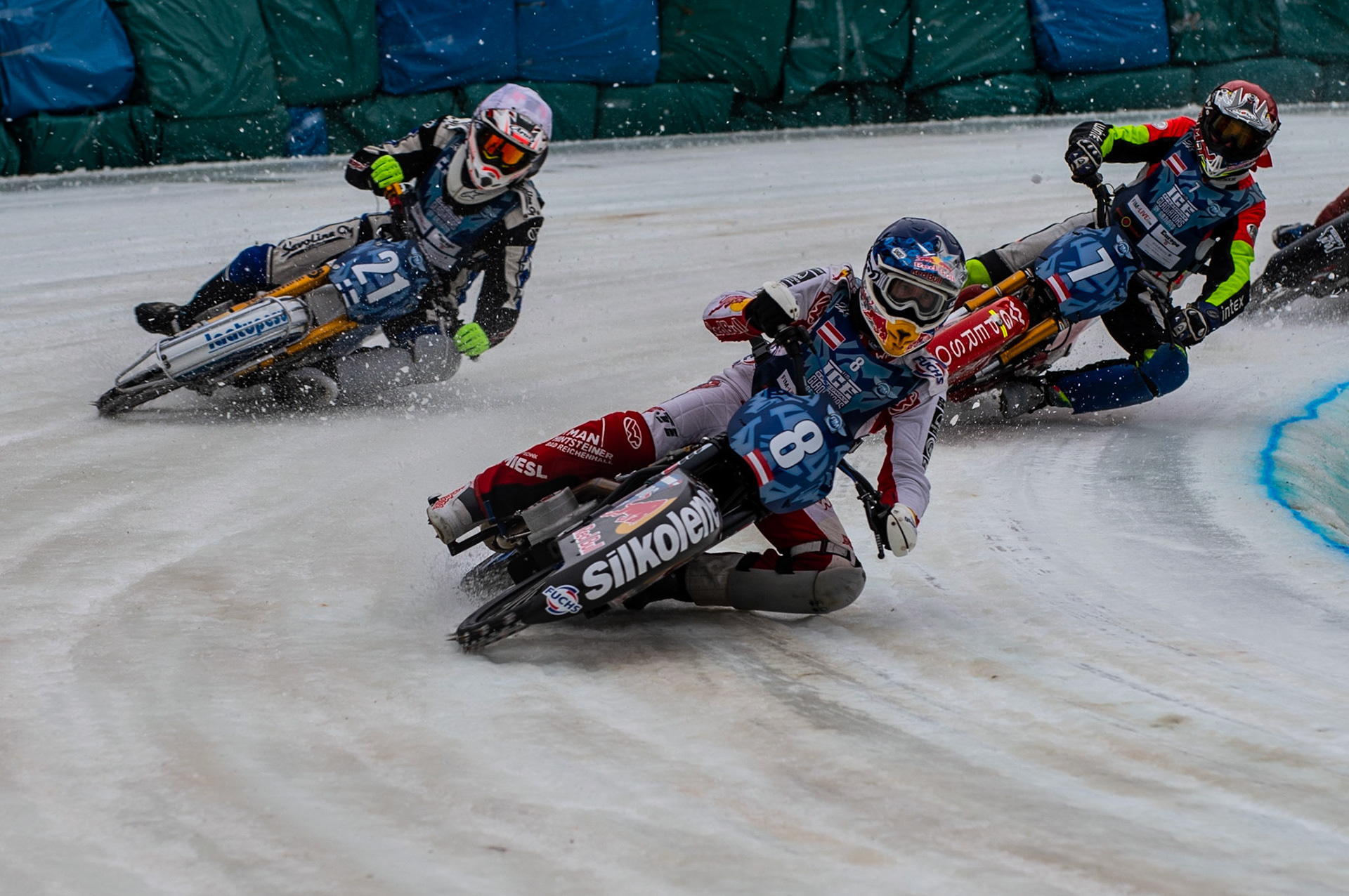 BERLIN GERMANY  - March 1  Franky Zorn (Blue) leads Mikko Jetsonen (White) ad Harald Simon (Red)  during the Ice Speedway of Nations at the Horst-Dohm-Eisstadion, Berlin,  on Sunday 1 March 2020. (Credit: Ian Charles | MI News)