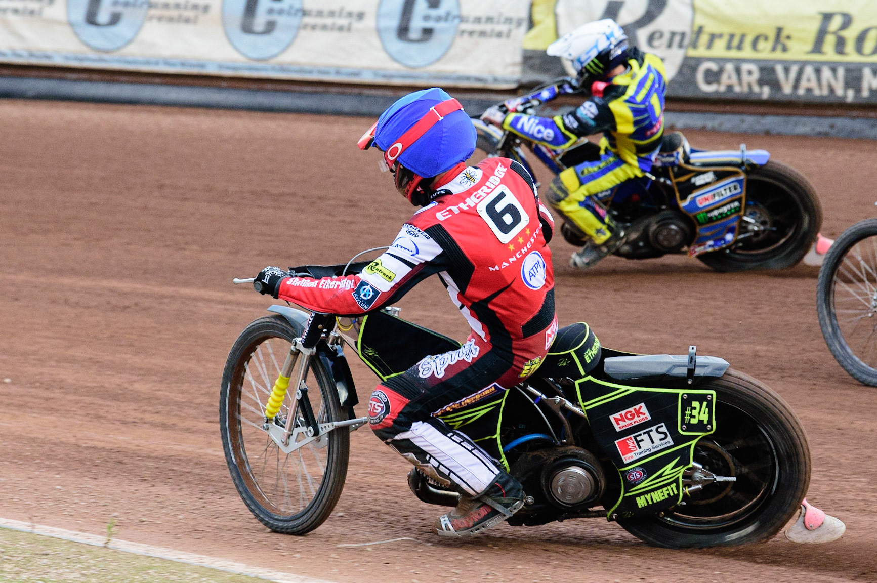MANCHESTER, UK. JUL 5TH   Jye Etheridge  (Blue) inside Jack Holder  (White) during the SGB Premiership match between Belle Vue Aces and Sheffield Tigers at the National Speedway Stadium, Manchester on Tuesday 5th July 2022. (Credit: Ian Charles | MI News)