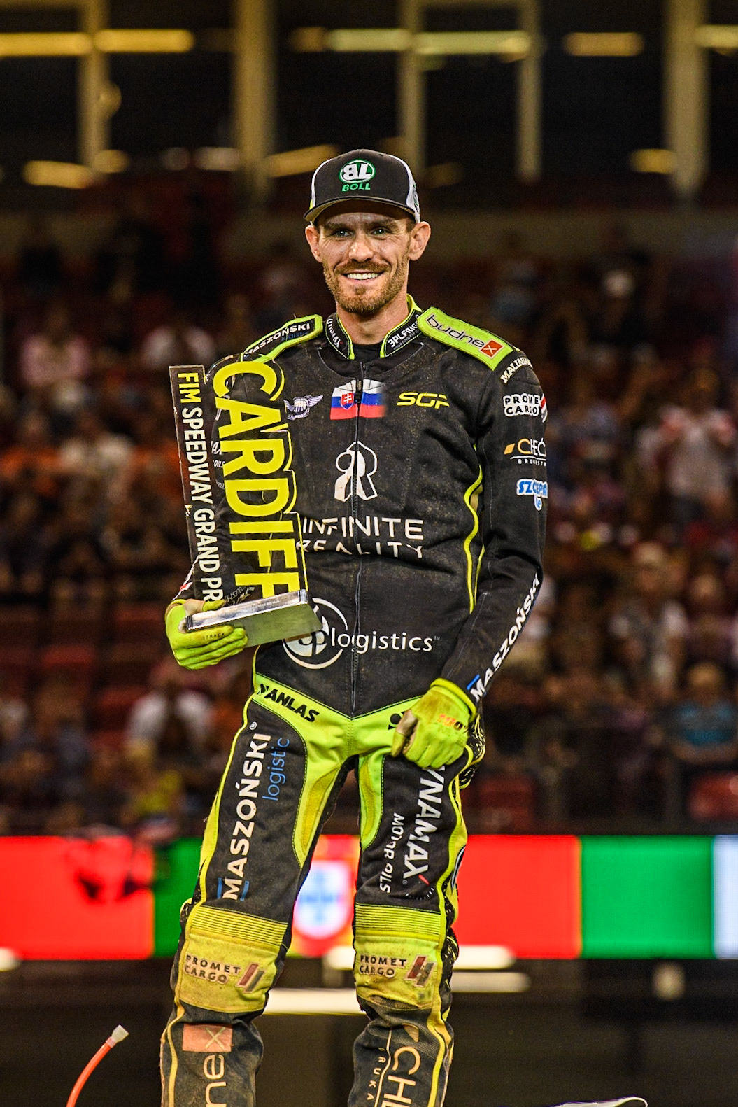 British Grand Prix Winner Martin Vaculik holds his trophy aloft during the FIM Speedway Grand Prix of Great Britain at the Principality Stadium, Cardiff on Saturday 2nd September 2023. (Photo: Ian Charles | MI News)