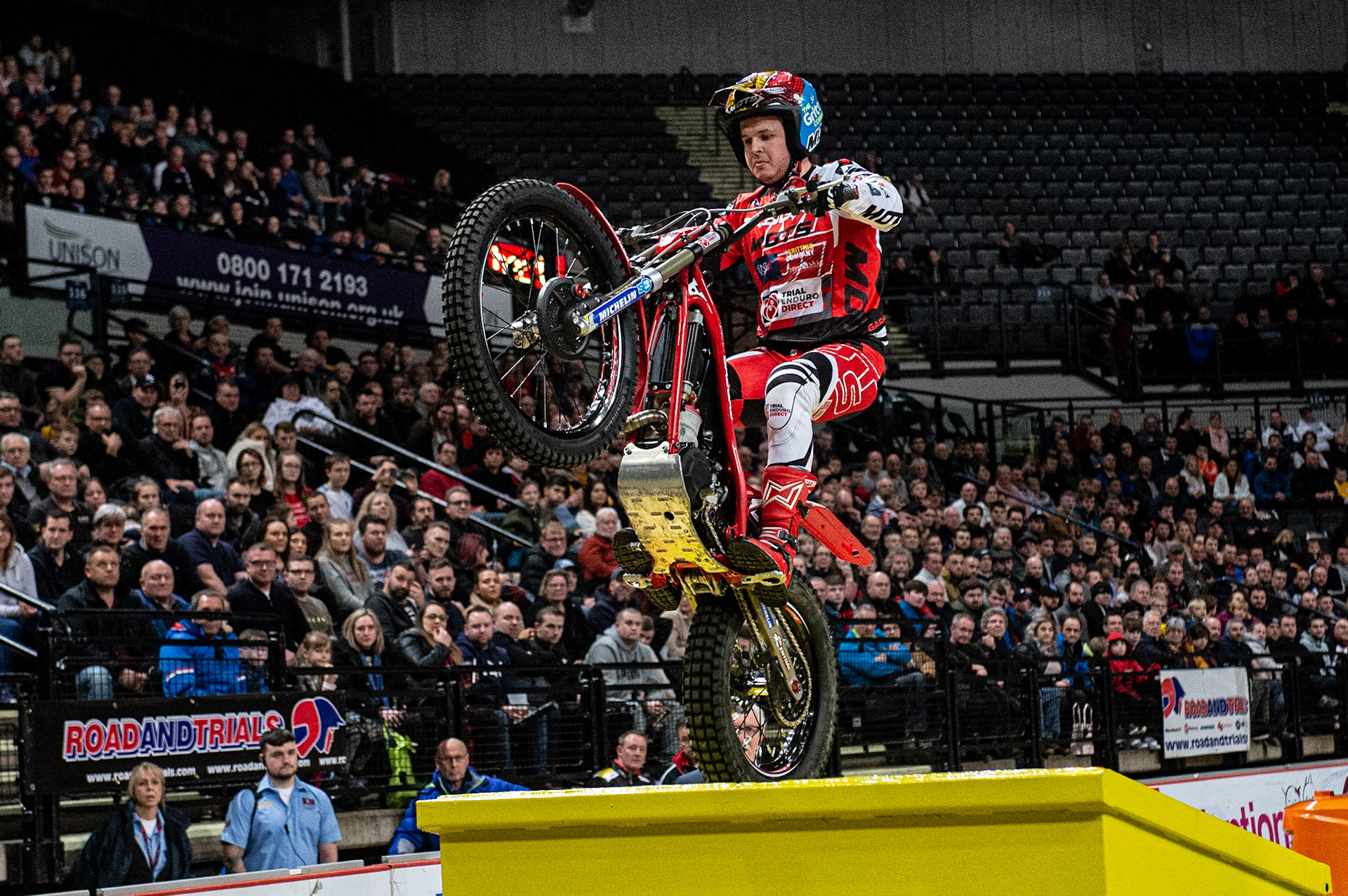 SHEFFIELD, ENGLAND  - DECEMBER 28TH Jack Price, UK (GasGas) on the skips of Section 6  during the 25th Anniversary Sheffield Indoor Trial at the FlyDSA Arena, Sheffield on Saturday 28th December 2019. (Credit: Ian Charles | MI News)