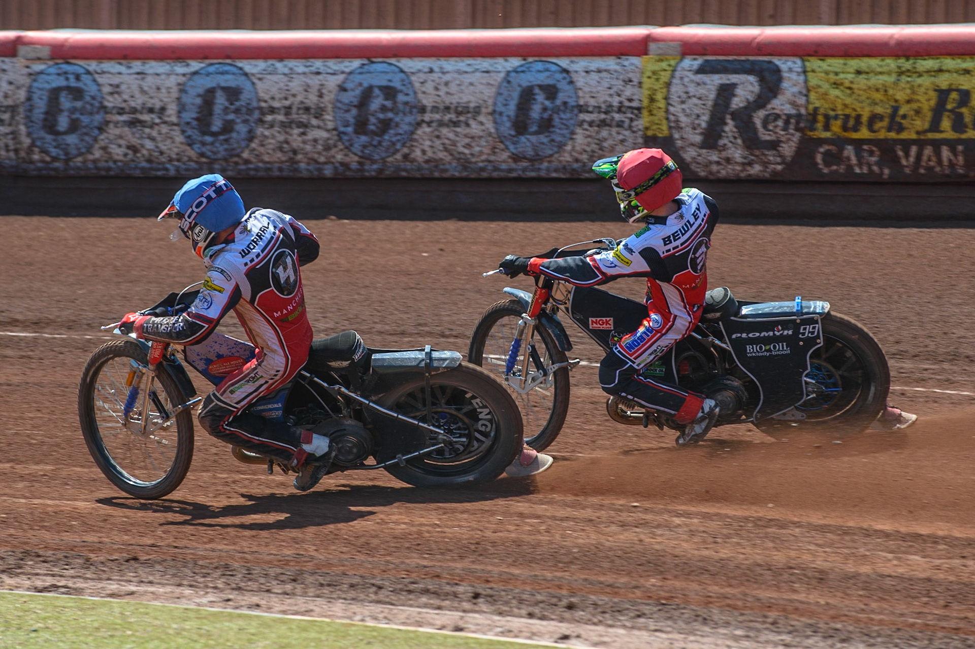 MANCHESTER, UK. MAY 31ST  Steve Worrall  (Blue) and Dan Bewley (Red) on their way to a 5-1 heat win during the SGB Premiership match between Belle Vue Aces and Peterborough at the National Speedway Stadium, Manchester on Monday 31st May 2021. (Credit: Ian Charles | MI News)